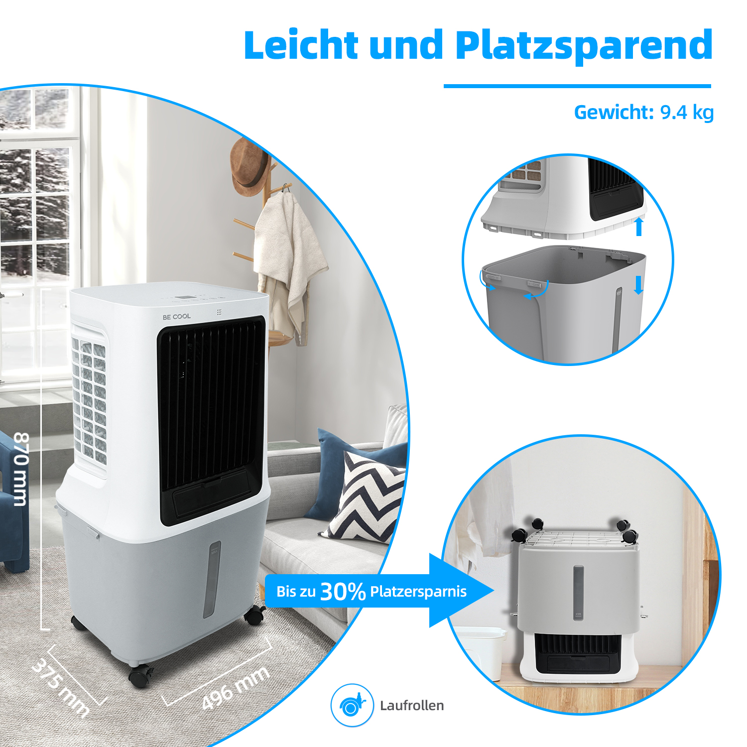 Ein Luftkühler ist weiß, mit grauem Sockel. Messungen werden angezeigt, mit Pfeilen, die auf Höhe, Breite und Tiefe zeigen.