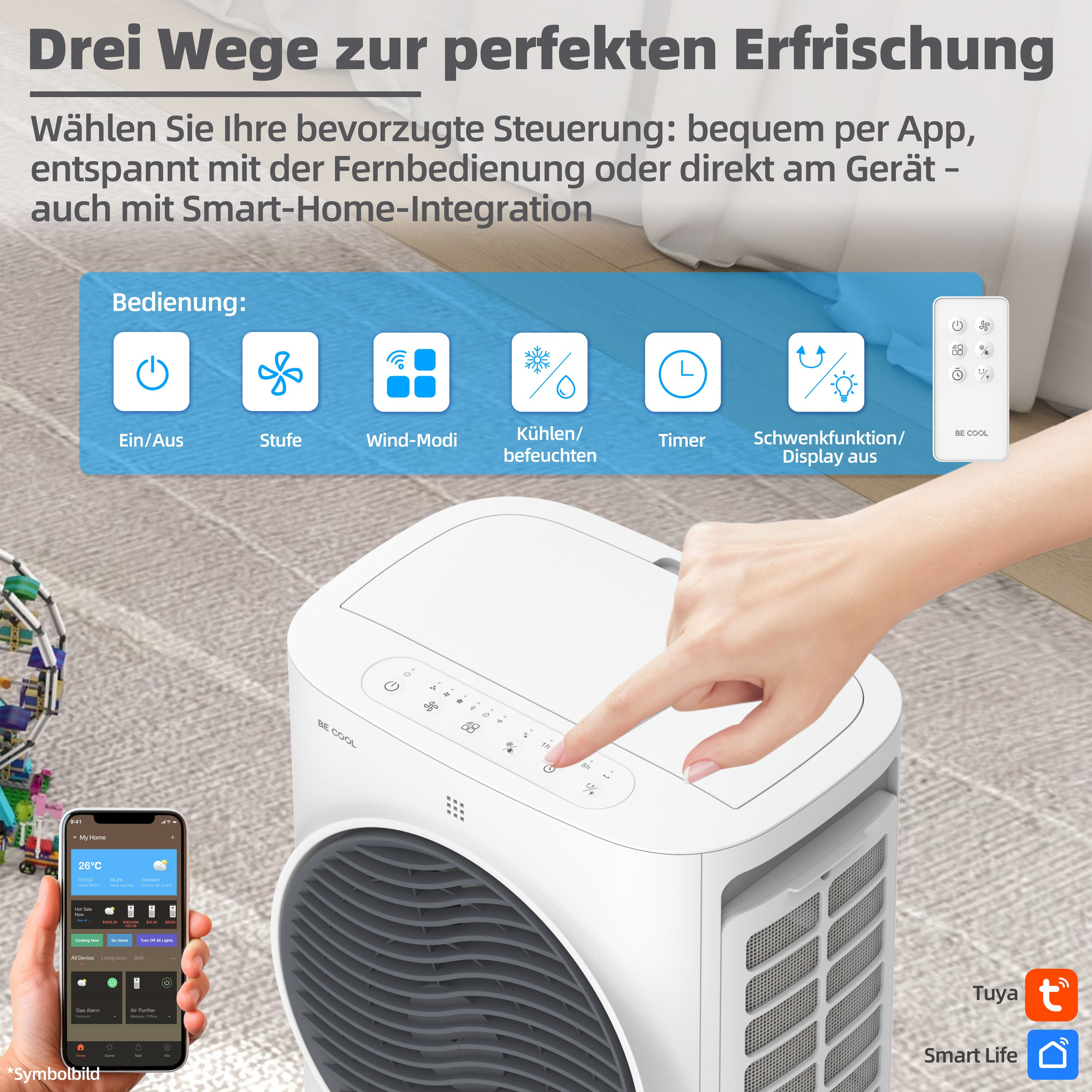 Eine Hand berührt das Bedienfeld eines weißen Luftkühlers. Auf dem Bedienfeld befinden sich Symbole, und ein Telefon wird gezeigt.