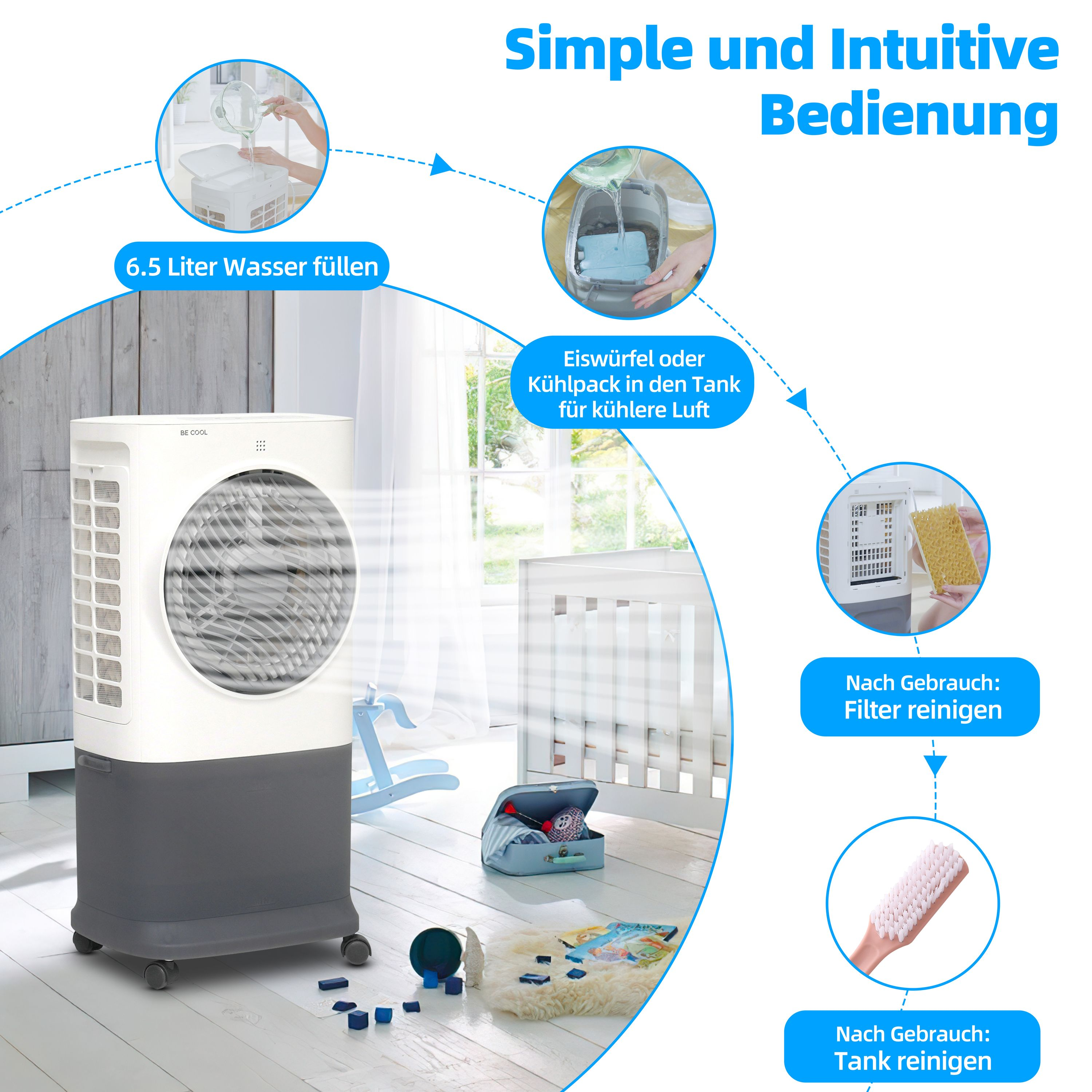 Luftkühler mit Anweisungen zum Befüllen mit Wasser, Eis hinzufügen und Filter reinigen.