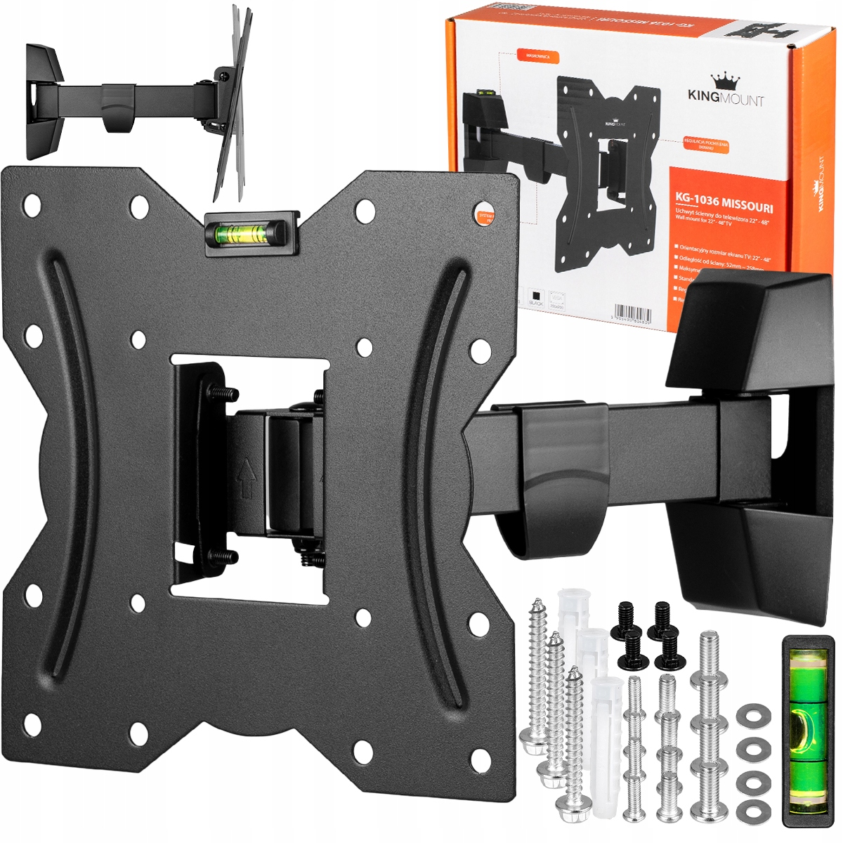 Czarny uchwyt ścienny do telewizora ze śrubami, poziomnicą i pudełkiem produktu.