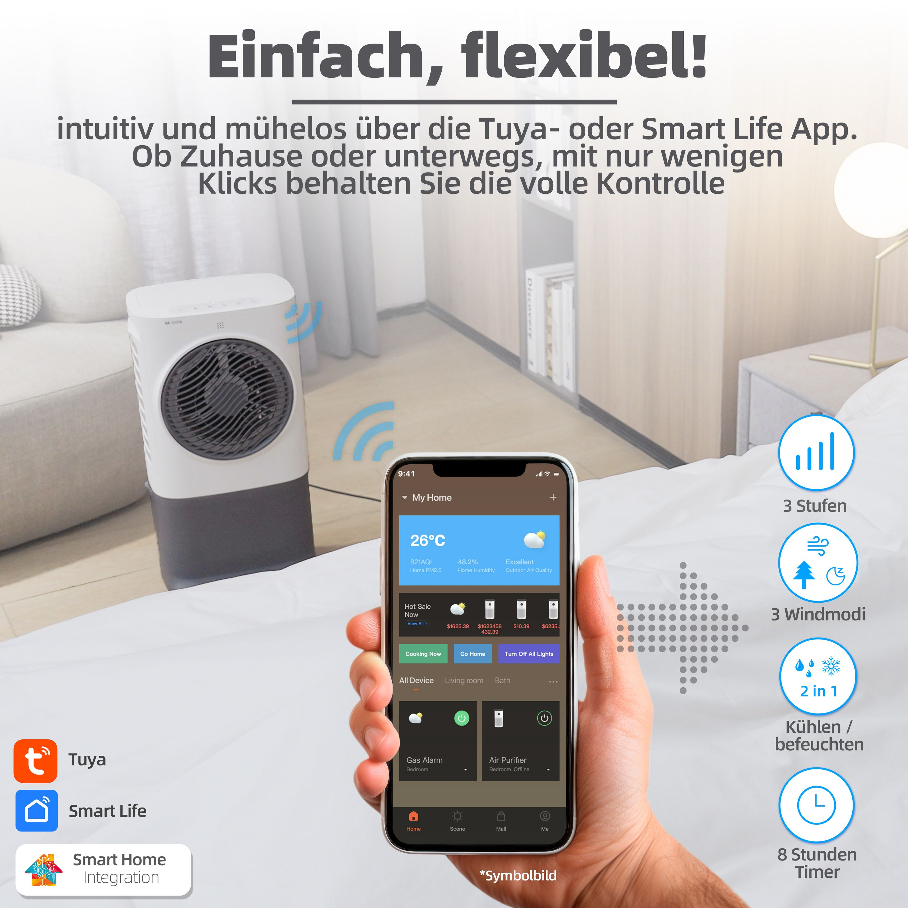 Eine Raumszene mit einem weißen Luftkühler. Ein Telefon zeigt die Benutzeroberfläche des Geräts. Smart Home-Integration wird gezeigt.