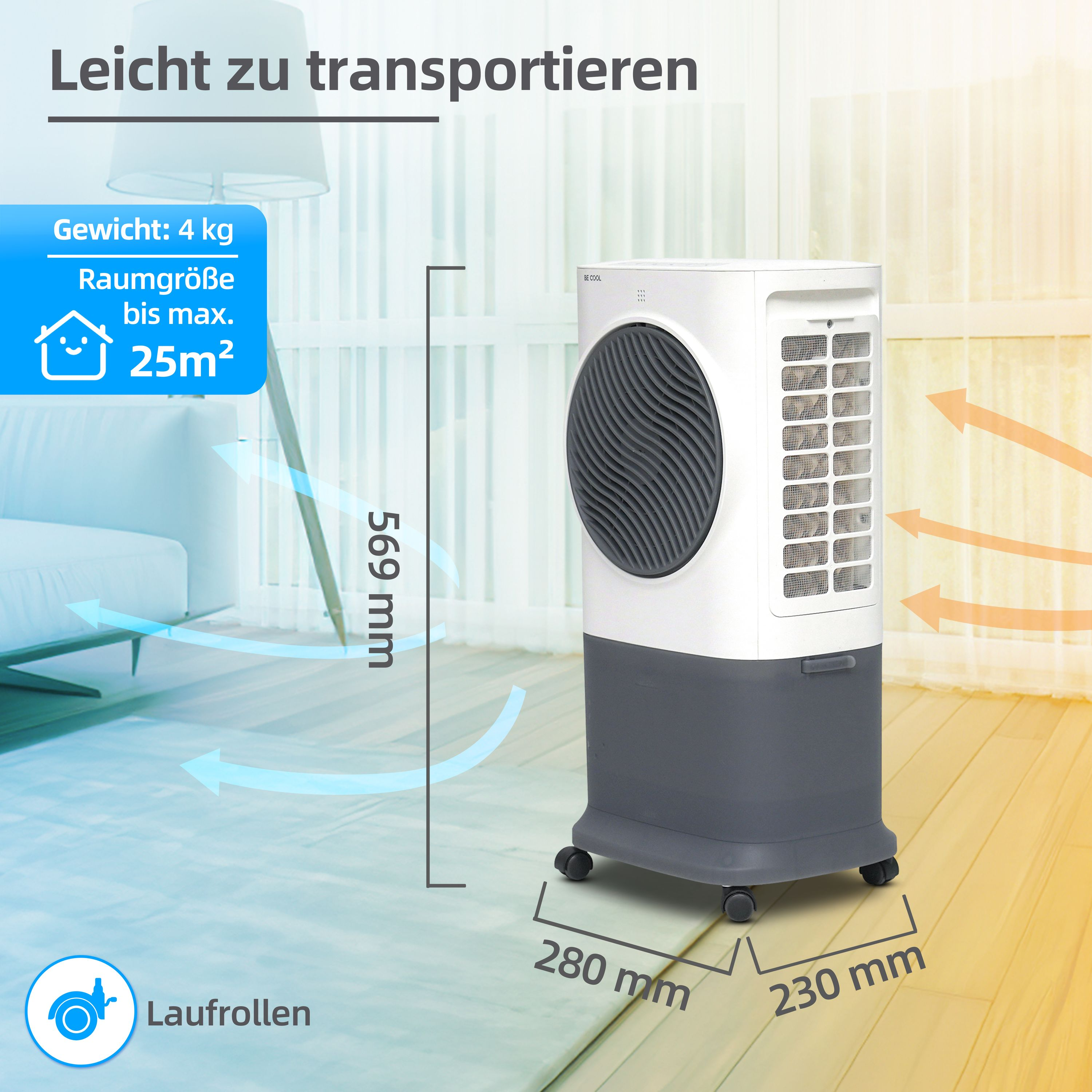 Weißer und grauer Luftkühler mit Abmessungen und Text, der Funktionen angibt.