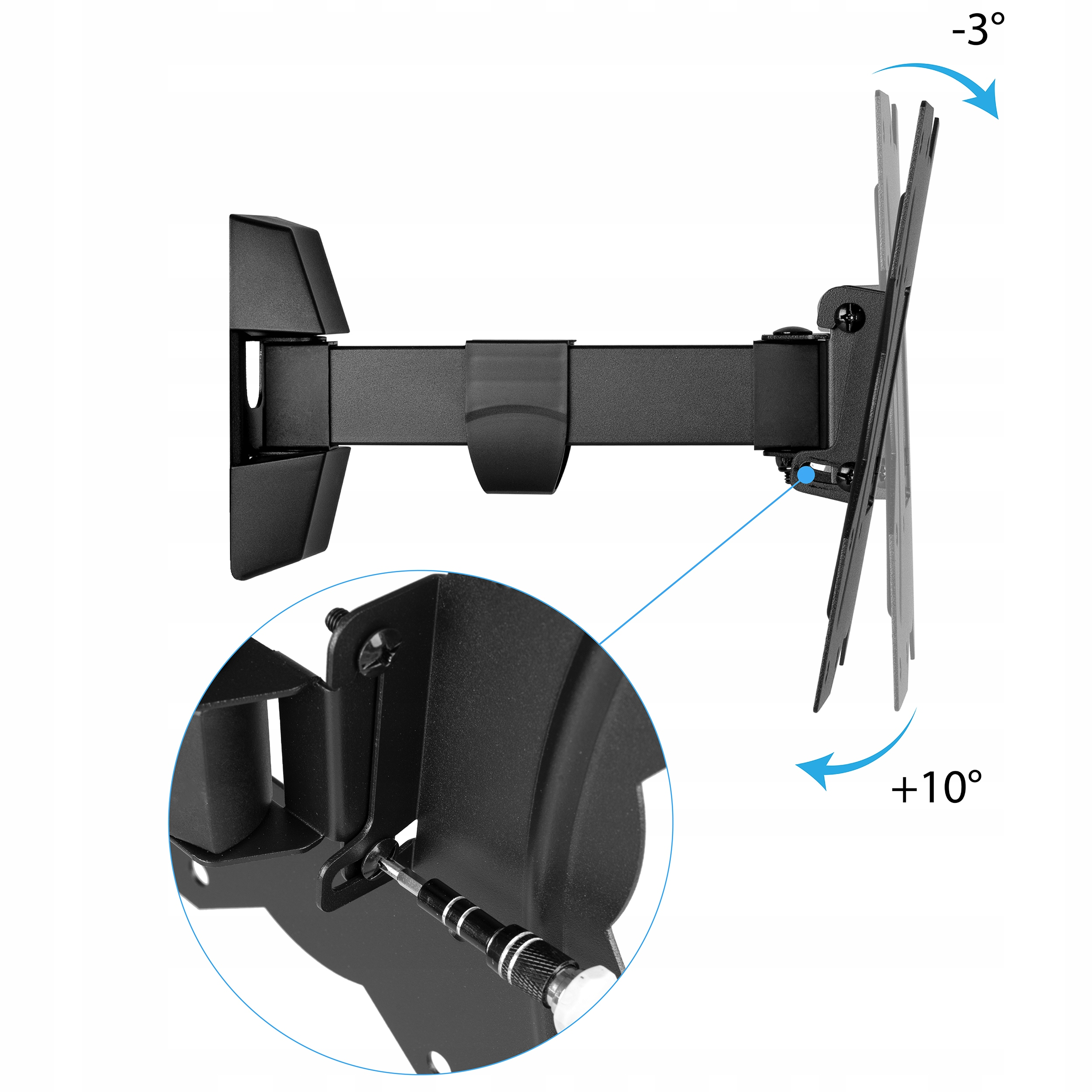 Czarny uchwyt ścienny do telewizora z regulacją pochylenia. Śruby są dokręcane. Zbliżenie mechanizmu montażowego.