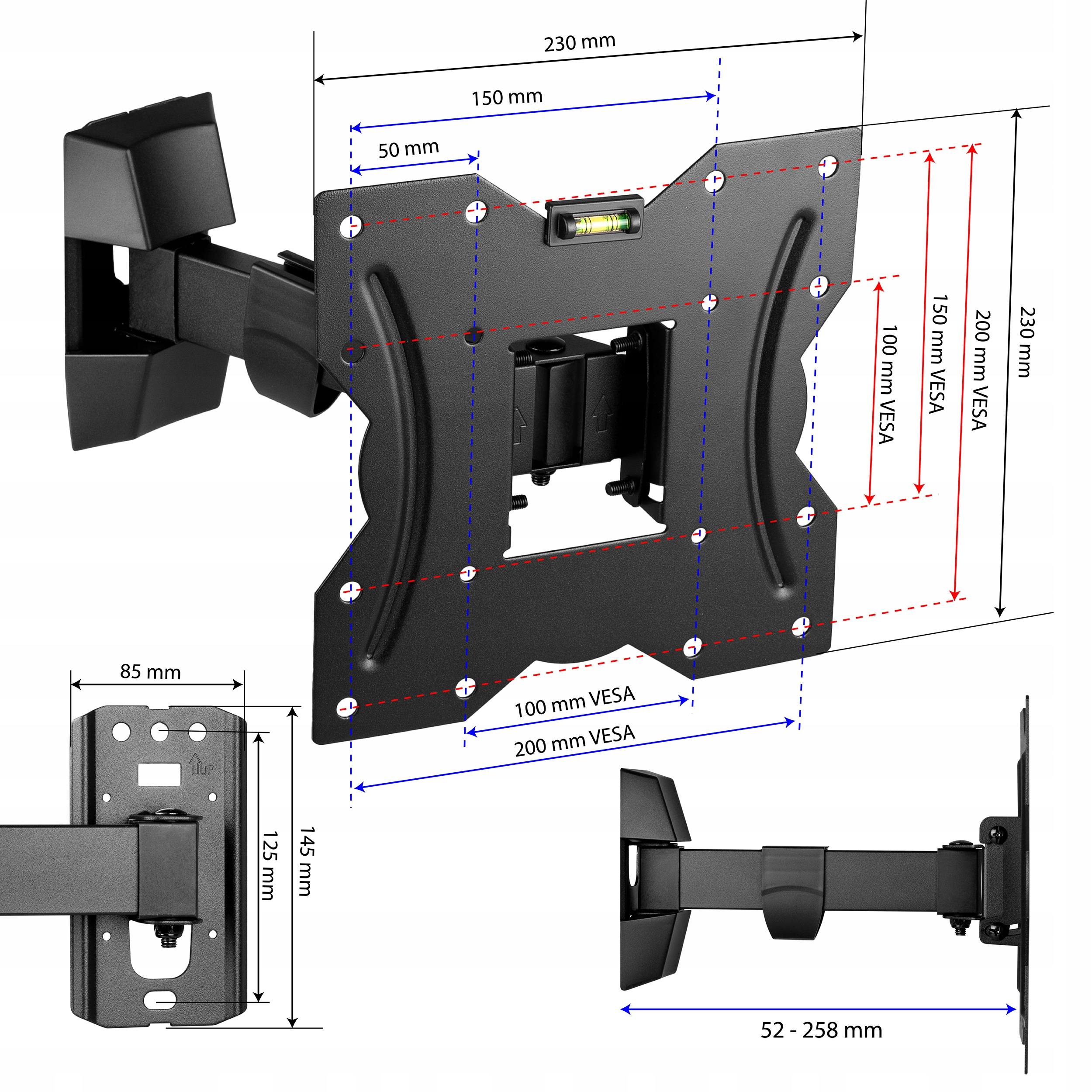 Czarny uchwyt ścienny do telewizora z wymiarami i oznaczeniami VESA. Szczegóły, w tym rozmiar i wymiary, są pokazane.