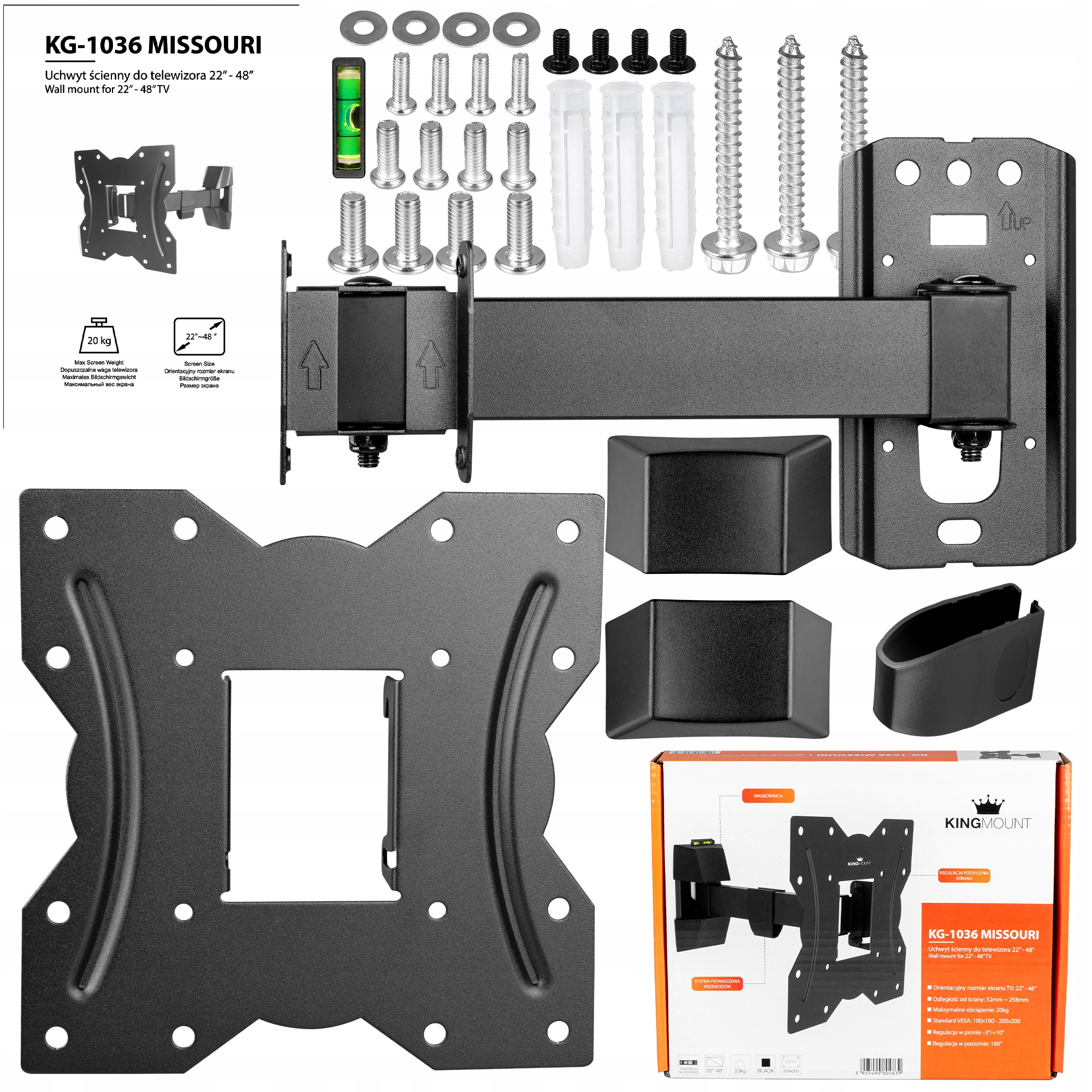 Czarny uchwyt ścienny do telewizora ze śrubami i poziomicą.