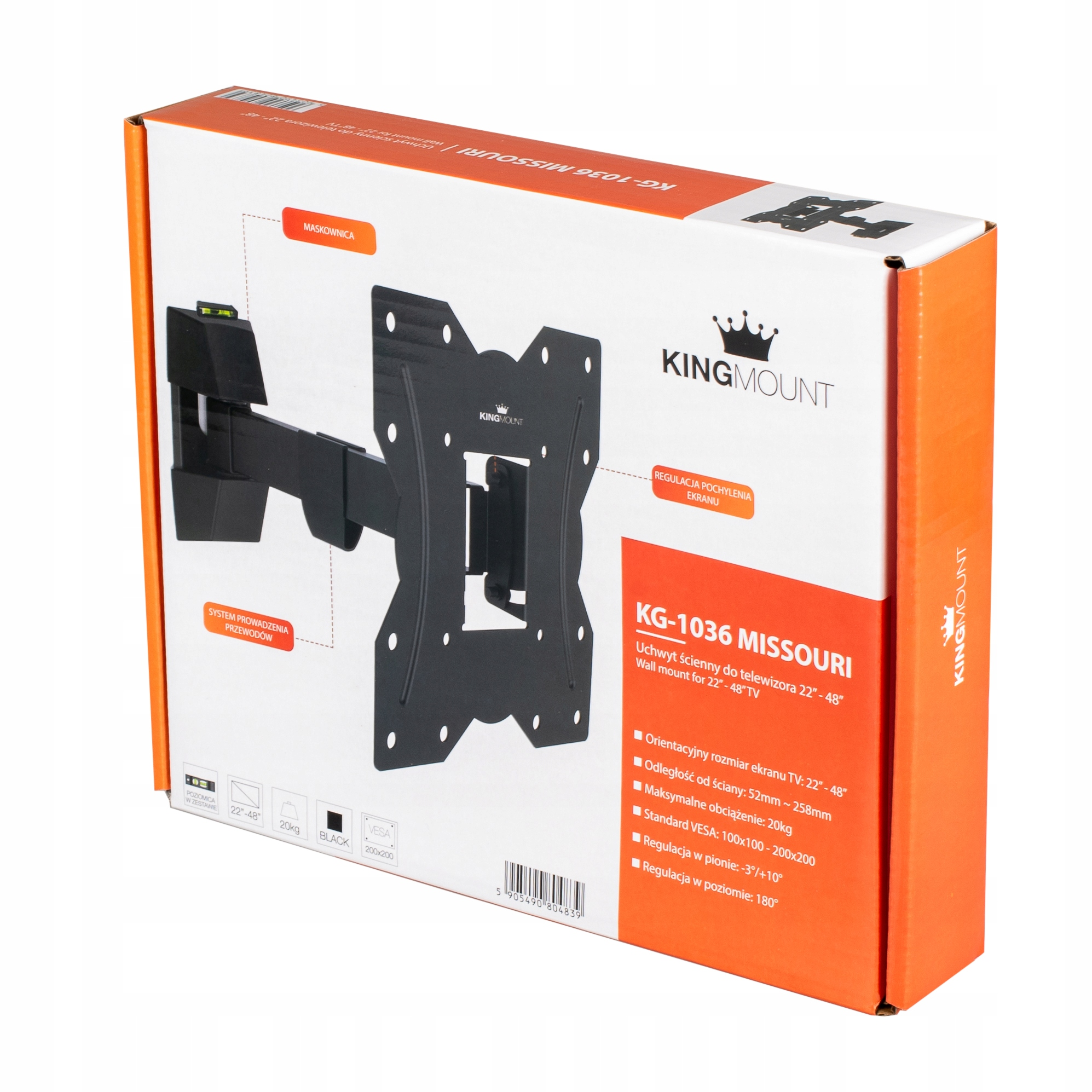 Pudełko produktu pokazuje czarny uchwyt ścienny do telewizora. Pudełko zawiera tekst i zdjęcia produktu oraz jego cechy.