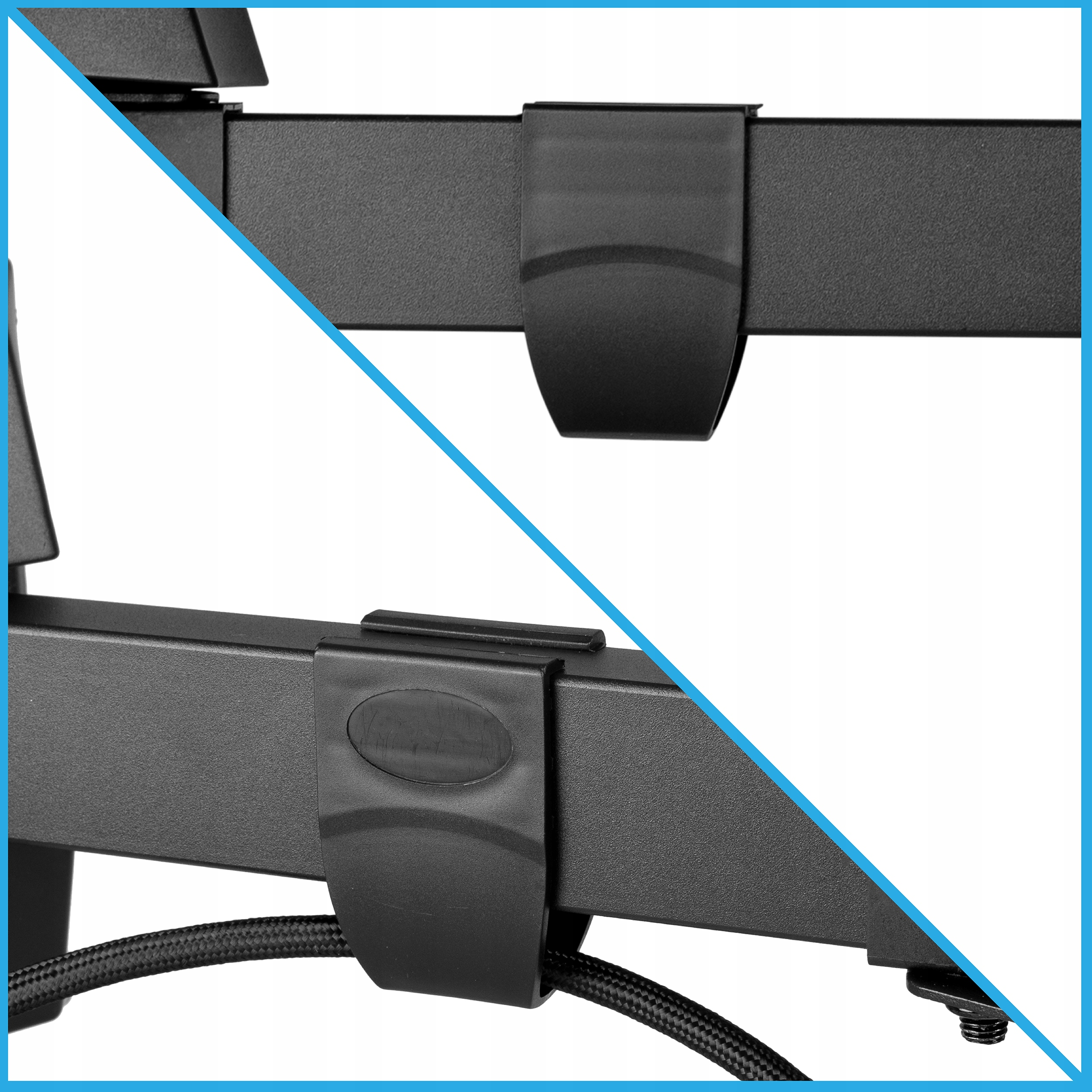 Zbliżenie czarnego uchwytu do telewizora z klipsami. Zabezpieczają i porządkują kable, poprawiając wygląd.