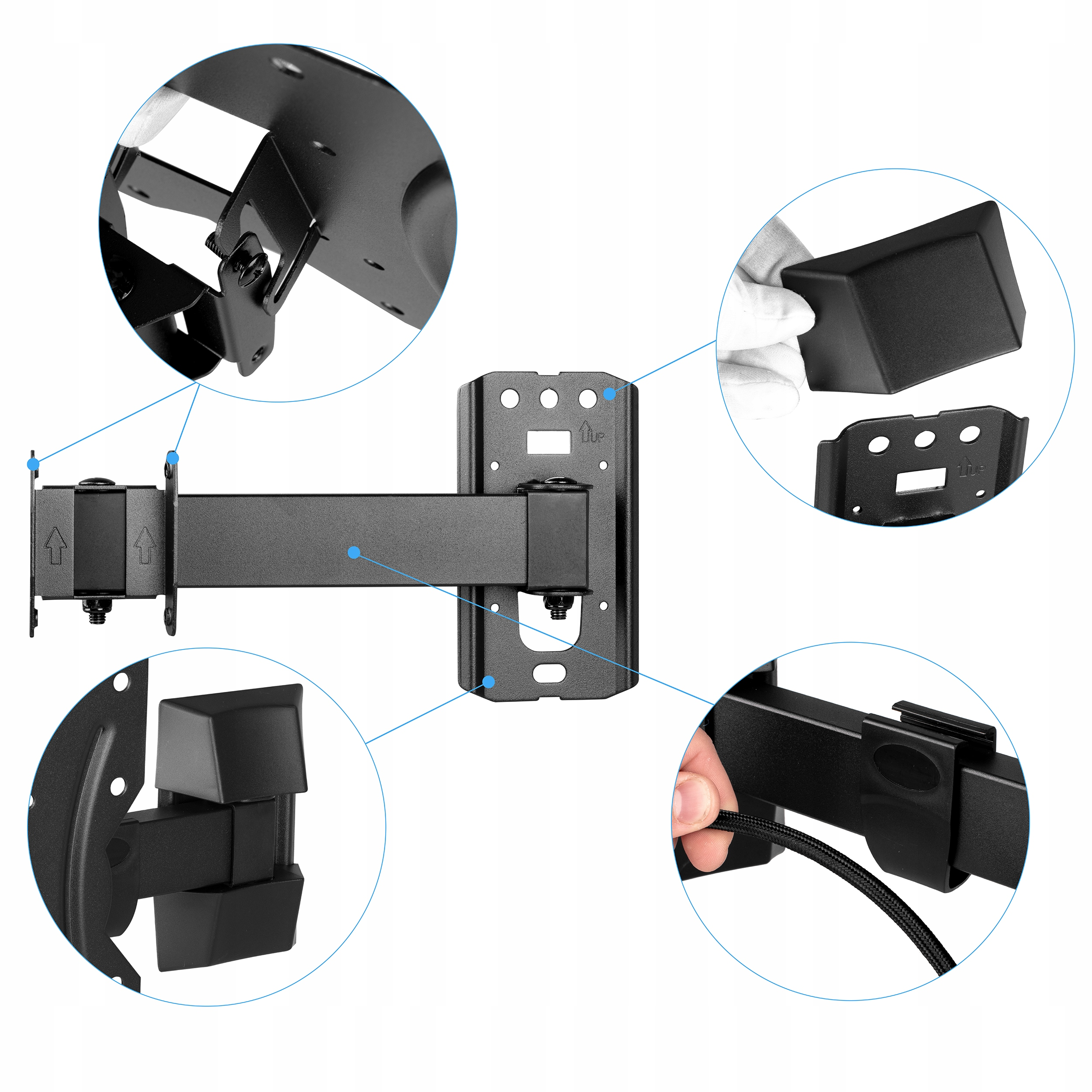 Zbliżenie czarnego uchwytu ściennego do telewizora, z ujęciami detali różnych części.