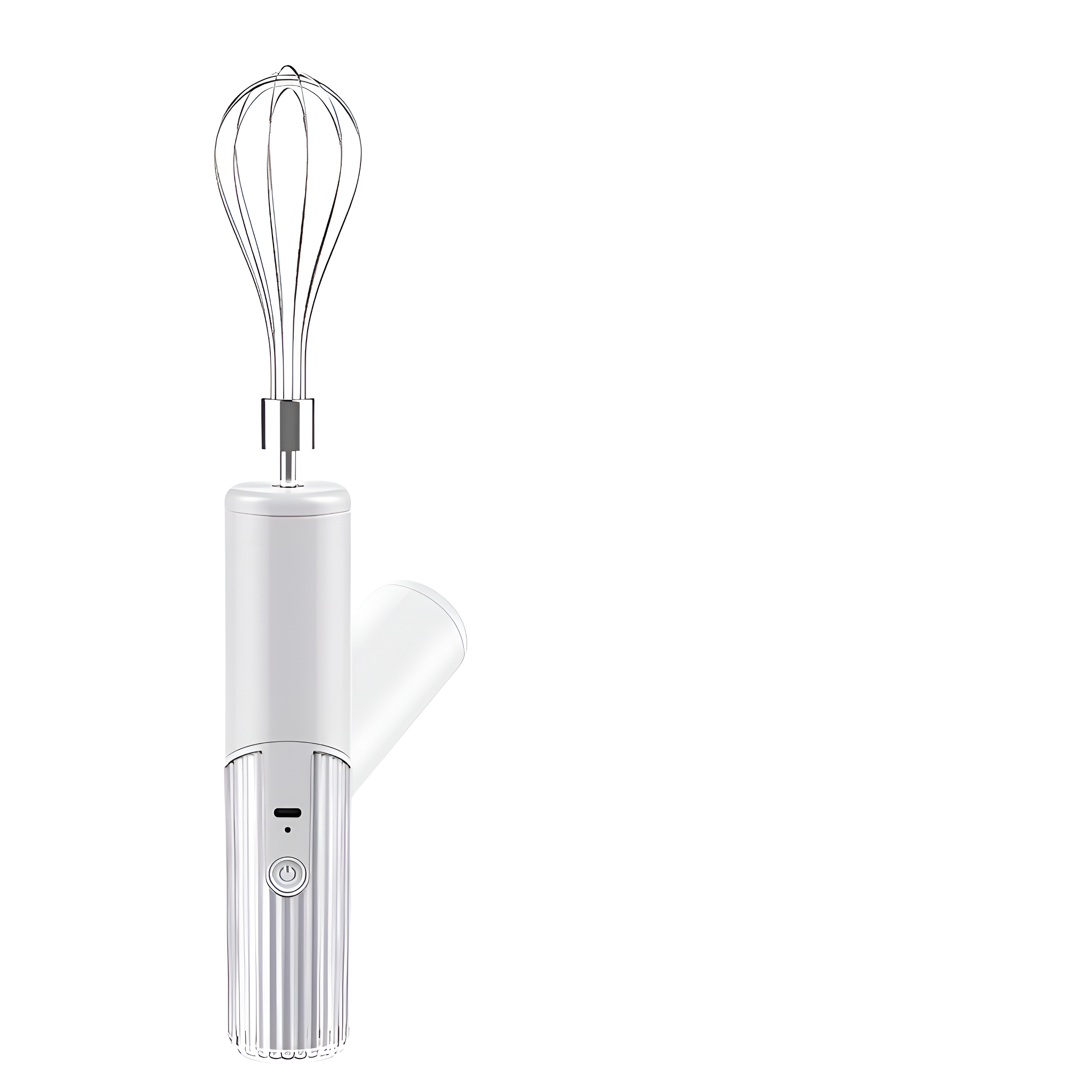 Ein weißer, kabelloser elektrischer Handmixer mit Schneebesen-Aufsatz. Er wird auf weißem Hintergrund isoliert dargestellt.
