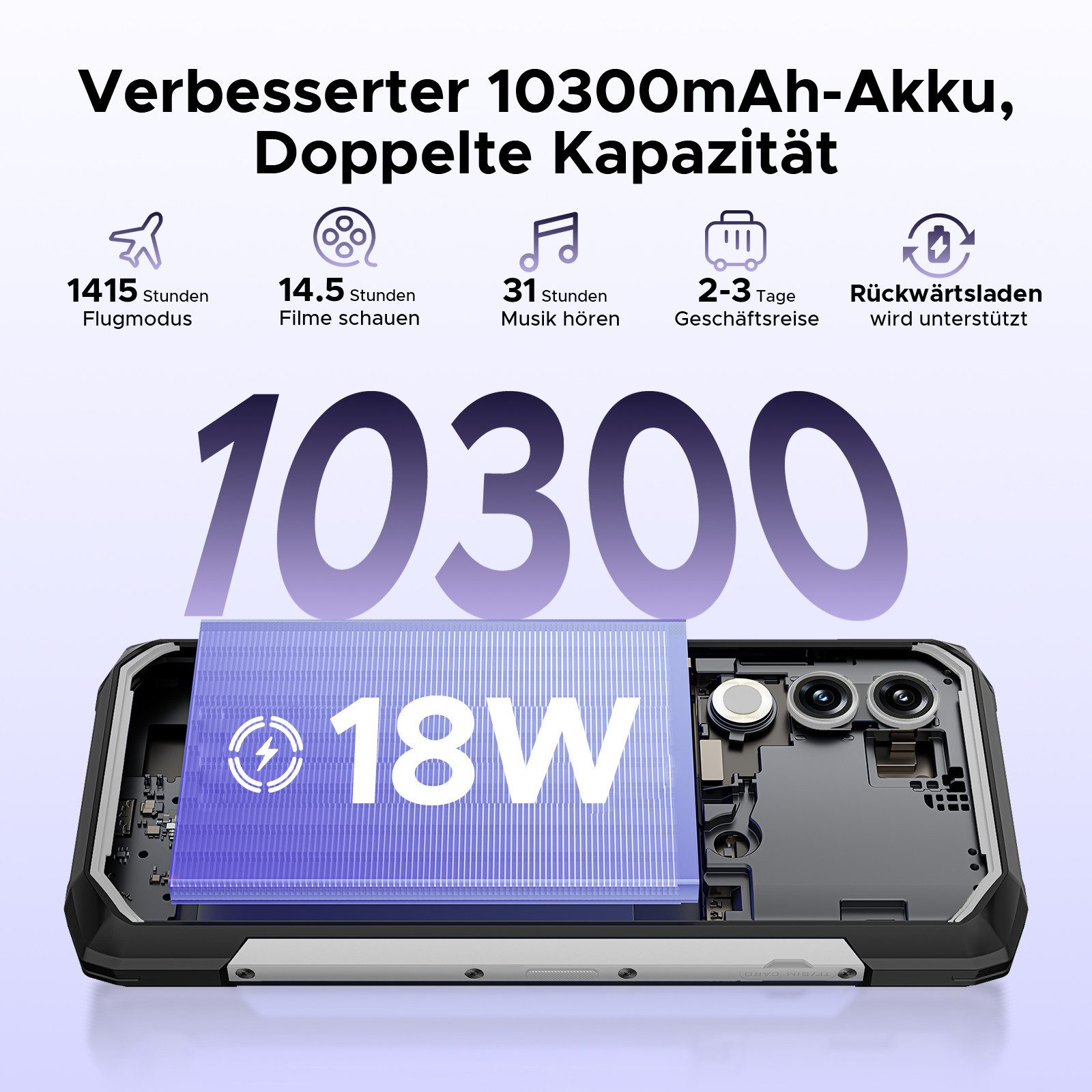 Smartphone-Bildschirm mit Batterieinformationen und einem lila-schwarzen Telefon.
