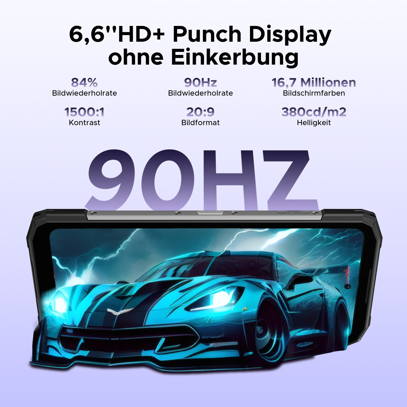 Ein Smartphone-Bildschirm zeigt Telefonspezifikationen: 6,6" HD+-Display, 90 Hz Bildwiederholfrequenz und 16,7 Millionen Farben.