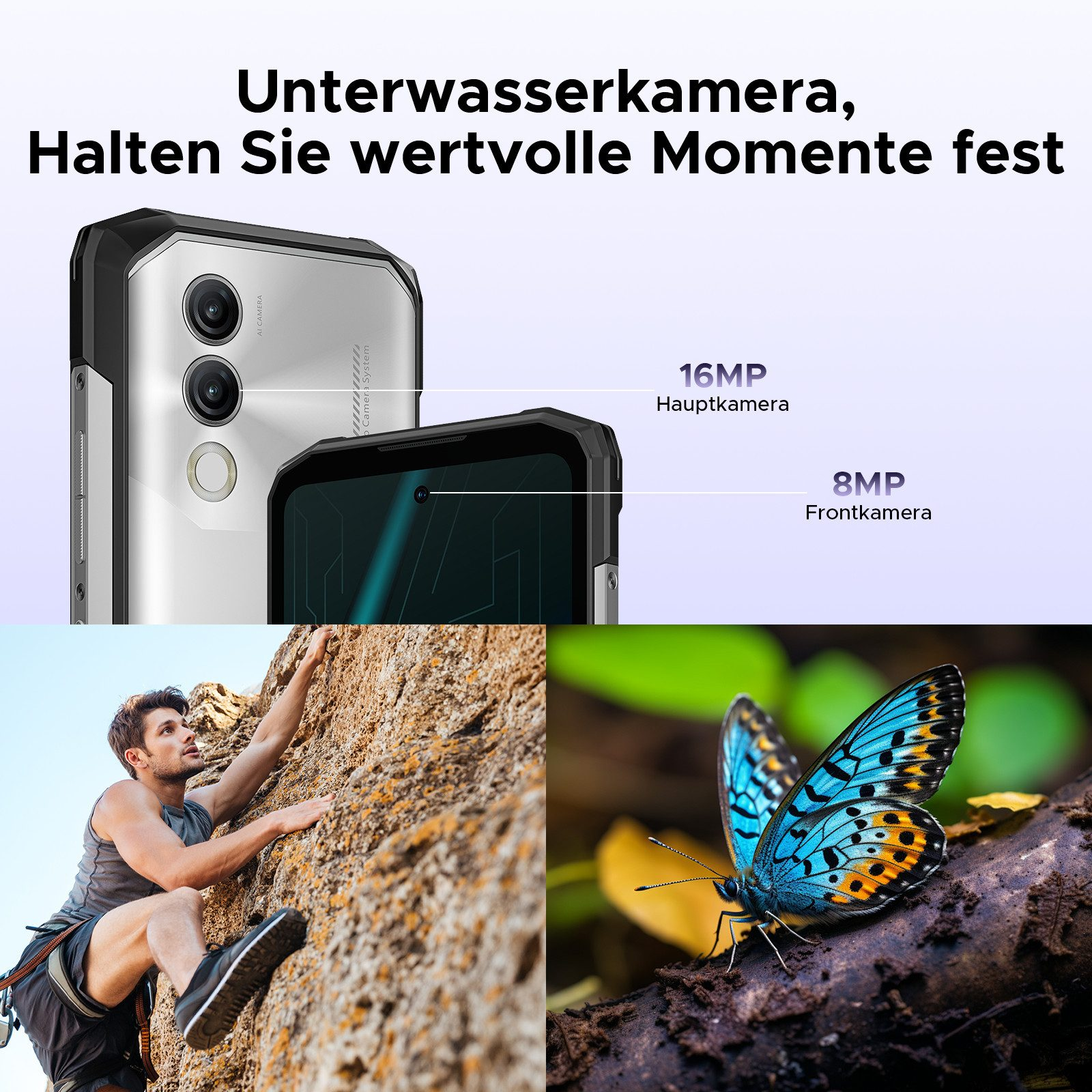 Telefon mit Doppelkameras und Bildern eines kletternden Mannes und eines Schmetterlings. Text: 16MP, 8MP.