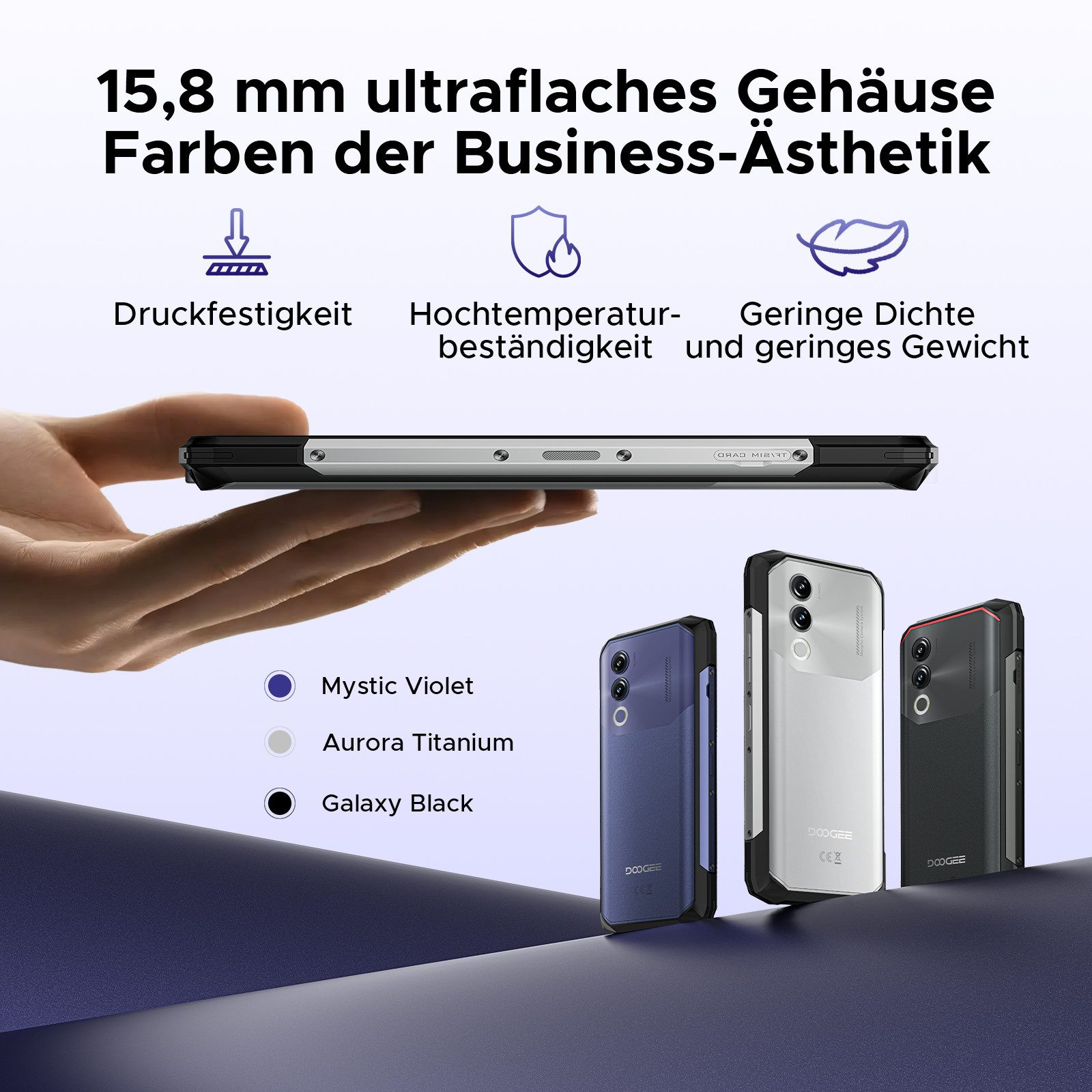 Hand hält Telefon mit drei Farboptionen: Mystic Violet, Aurora Titanium und Galaxy Black.