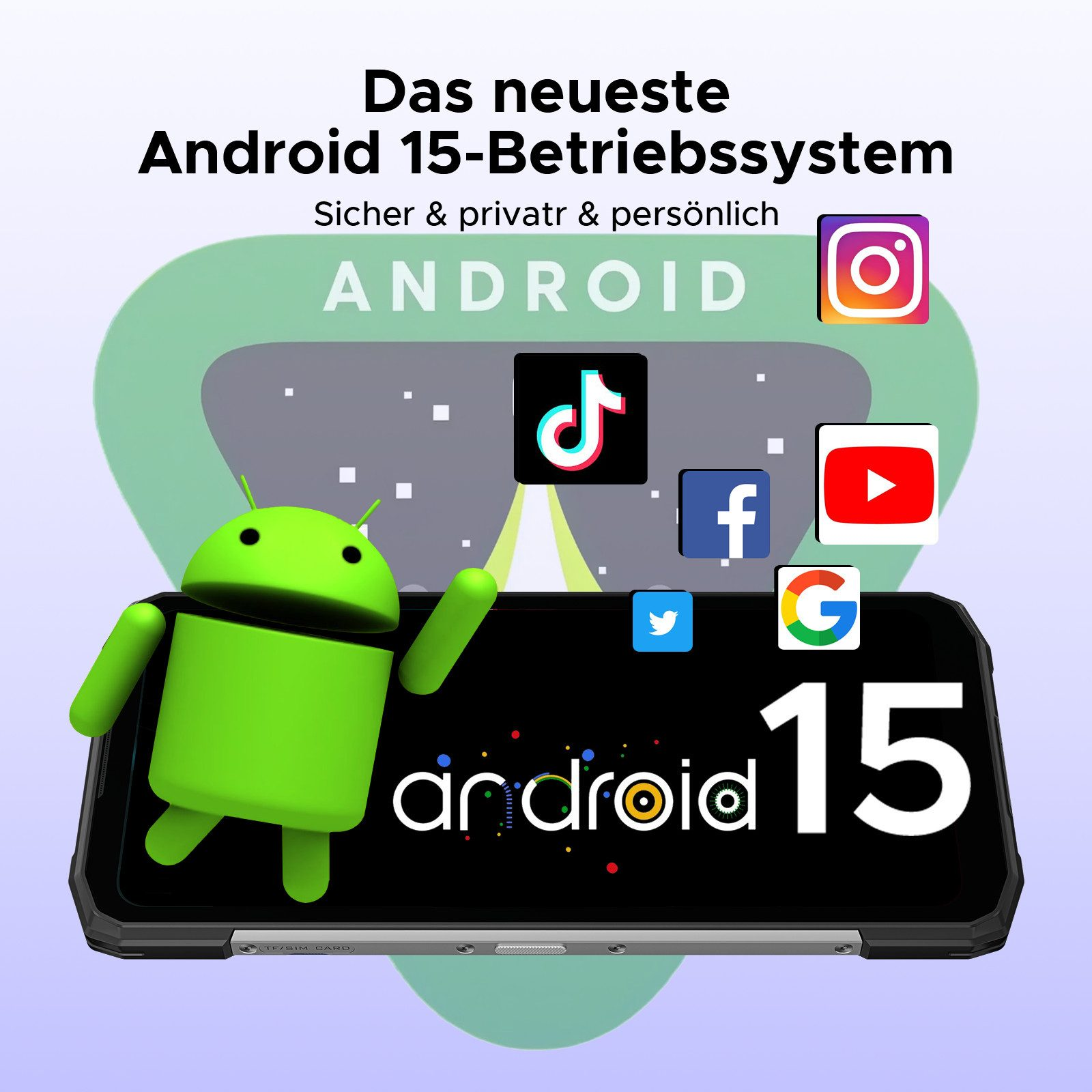 Android 15-Anzeige mit Android-Figur, Apps und Telefon. Text: „Das neueste Android 15-Betriebssystem“.