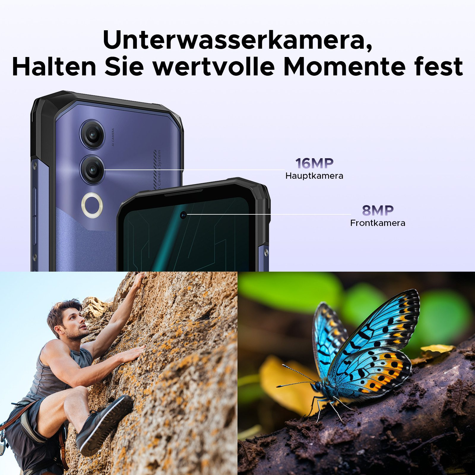 Telefon mit Doppelkameras und Bildern eines kletternden Mannes und eines Schmetterlings. Text: 16MP, 8MP.