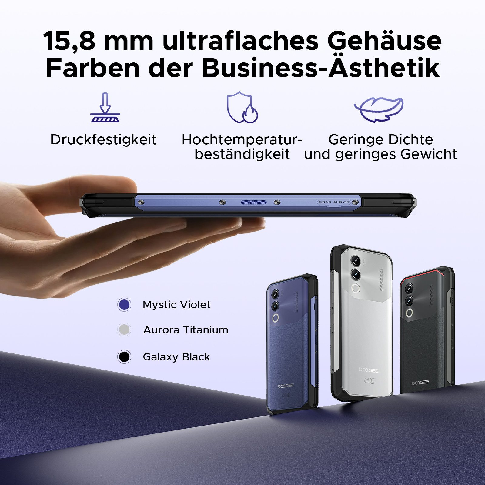 Drei Smartphones in Blau, Silber und Schwarz. Der Text oben lautet: „15,8 mm ultraflaches Gehäuse Farben der Business-Ästhetik“.