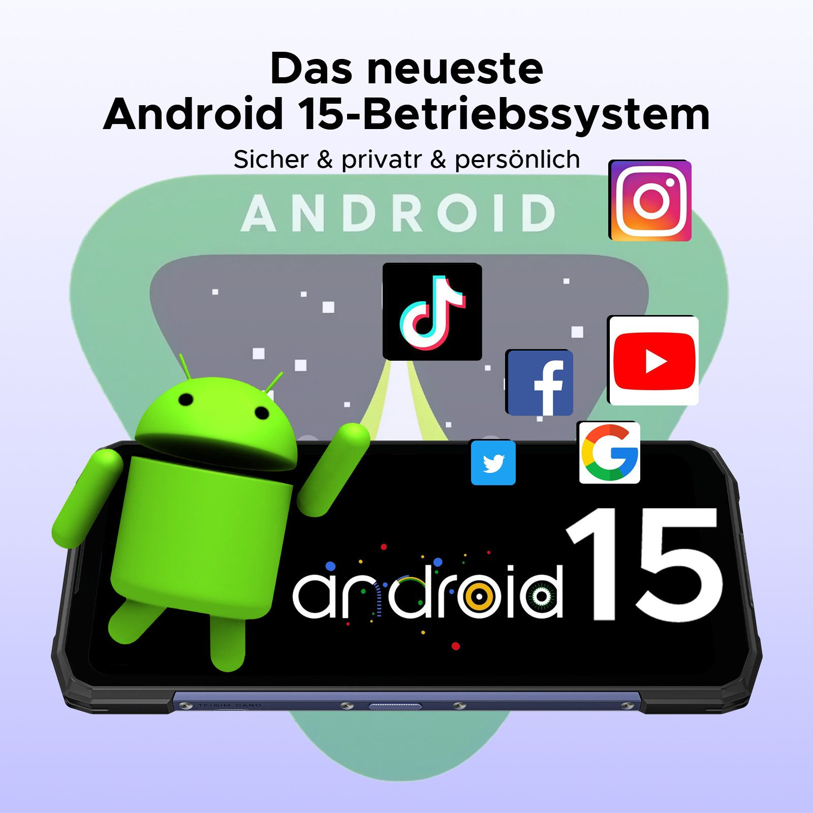 Android 15-Anzeige mit Android-Figur, Apps und Telefon. Text: „Das neueste Android 15-Betriebssystem“.