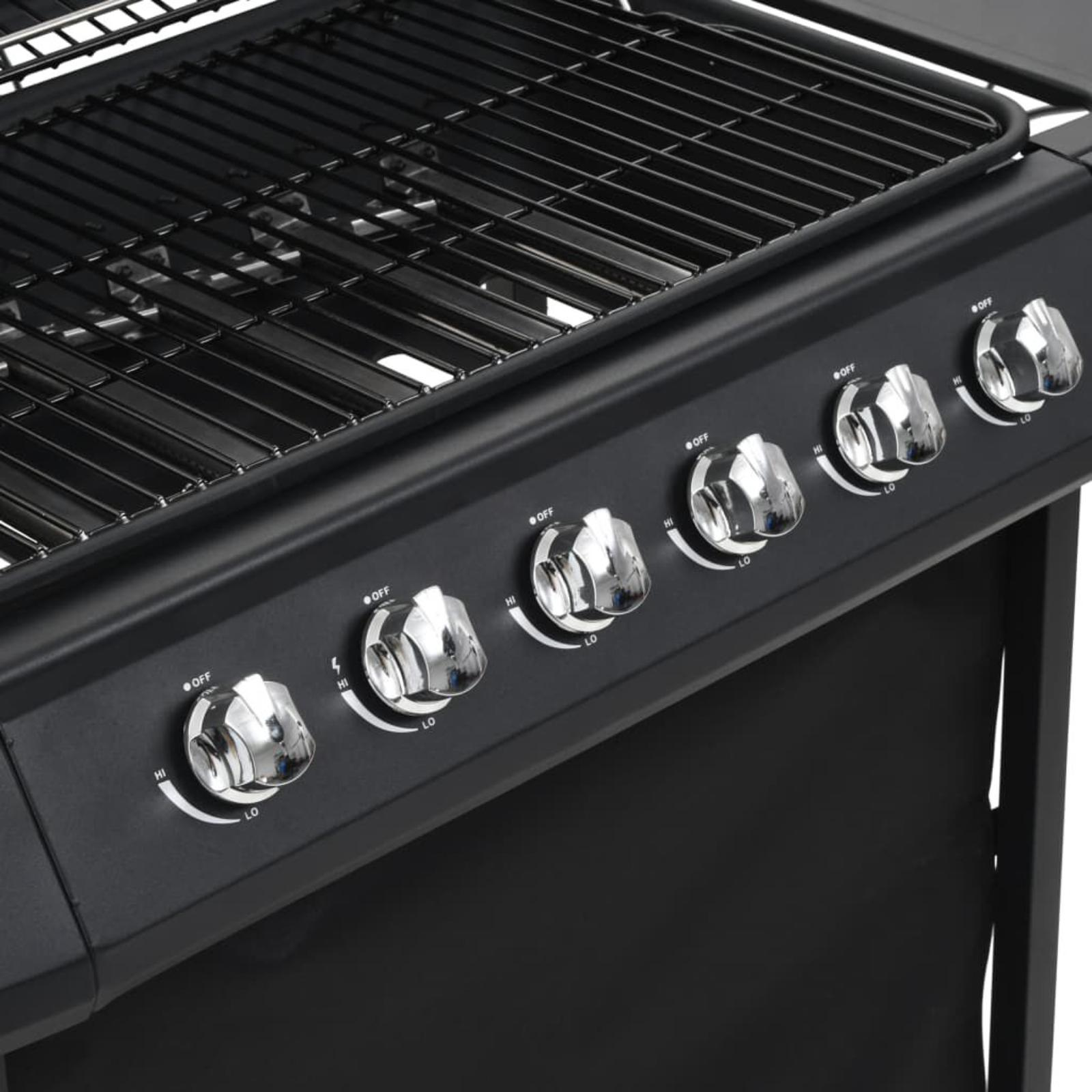 Nahaufnahme der Grillbedienelemente mit Knöpfen. Die Knöpfe sind silberfarben und von HI bis OFF und LO beschriftet.