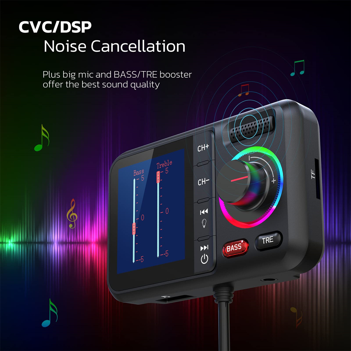 Schwarzer Auto-Audio-Adapter mit Bildschirm, Knöpfen und einem Drehregler mit Regenbogeneffekt. Musiknoten umgeben ihn.