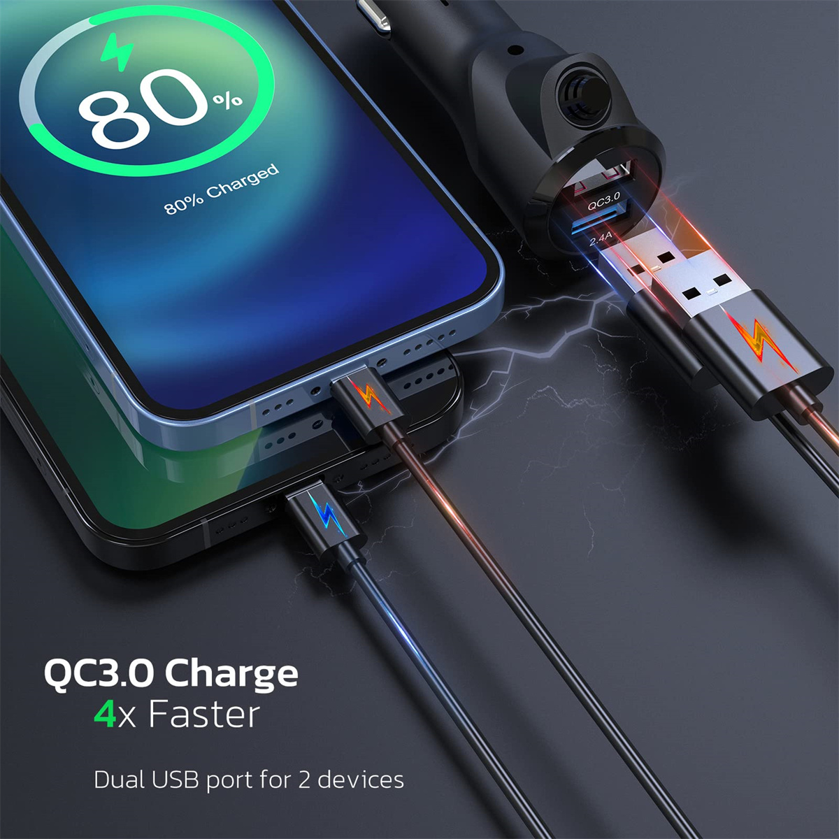 Zwei iPhones laden mit Kabeln. Eines zeigt 80% geladen. Die Kabel haben Blitzsymbole.