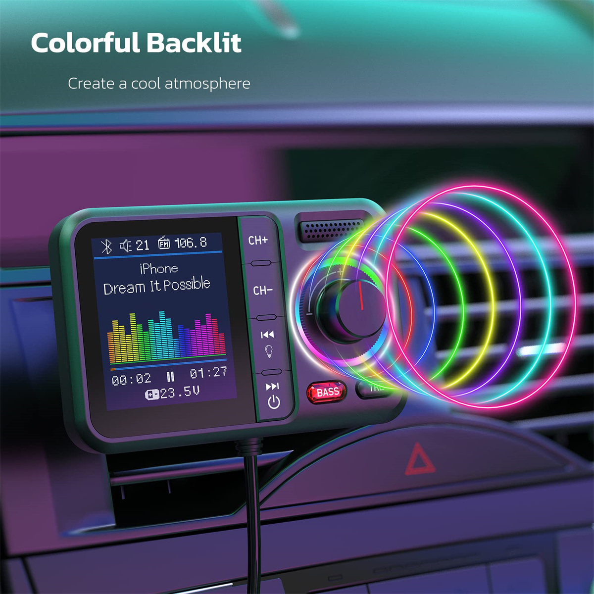 Auto-Audiogerät mit grünem Bildschirm zeigt iPhone und bunte Lichtkreise.