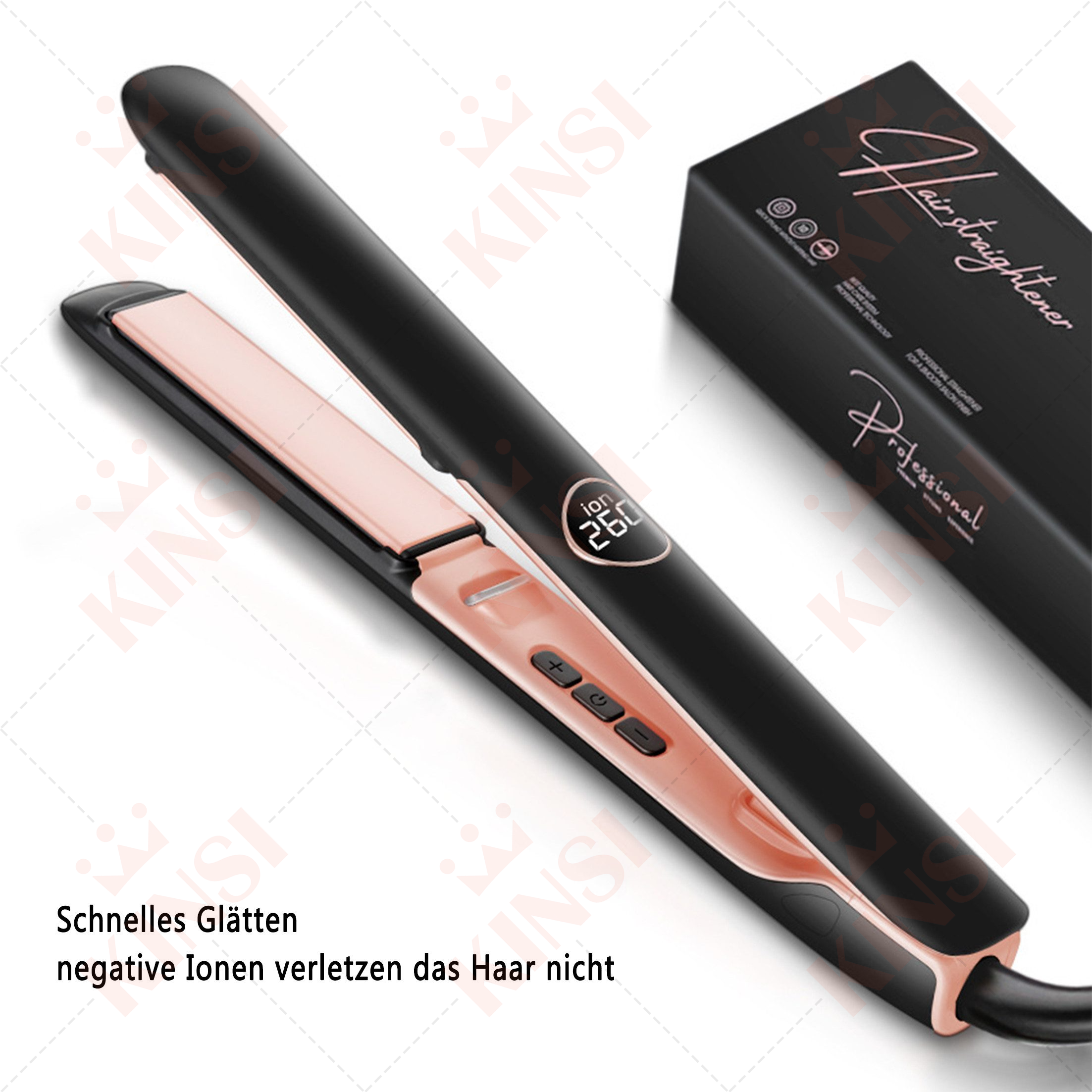 Schwarzer und roségoldener Haarglätter mit Digitalanzeige und Bedientasten auf weißem Hintergrund.