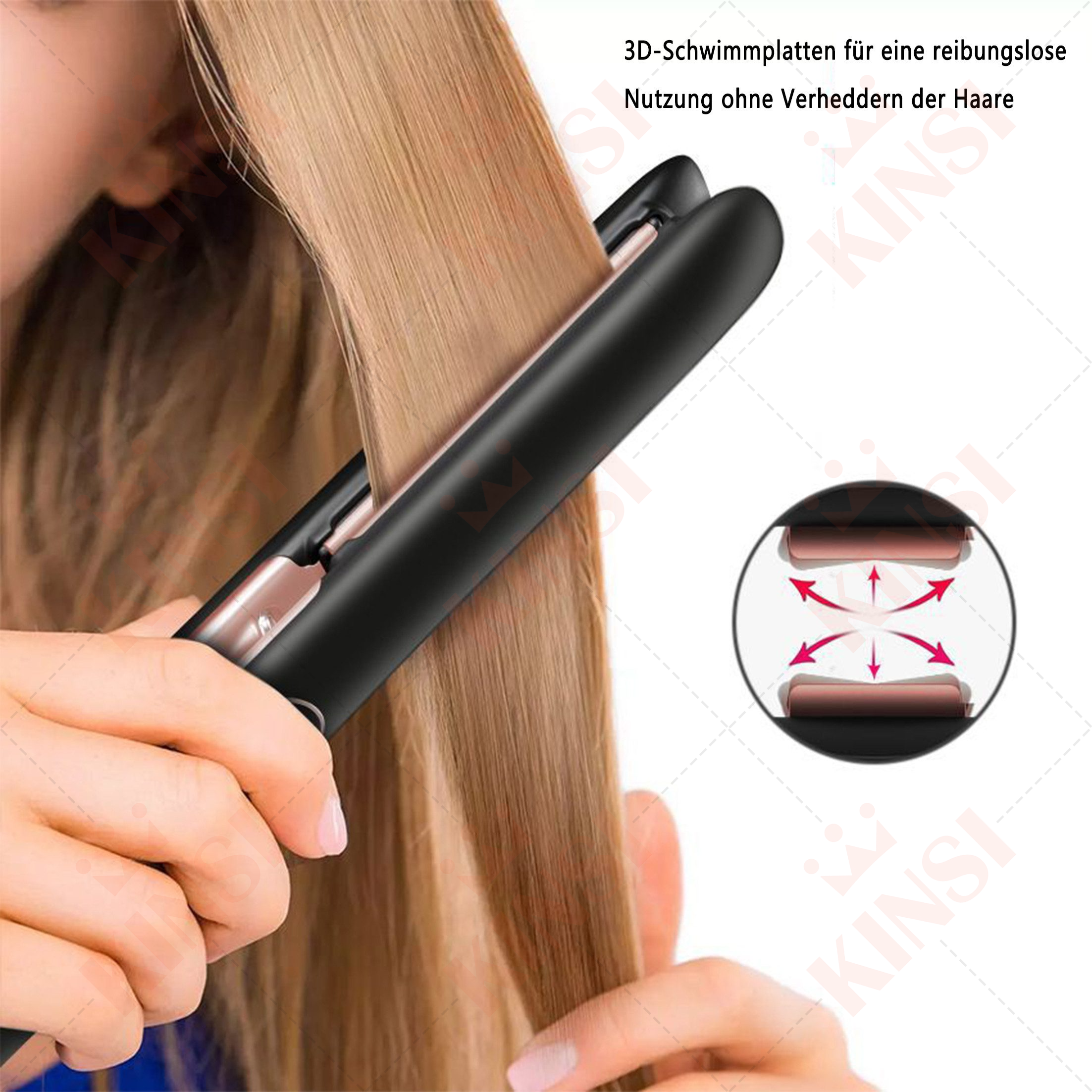 Frau glättet Haare mit einem schwarzen und rosa Glätteisen.