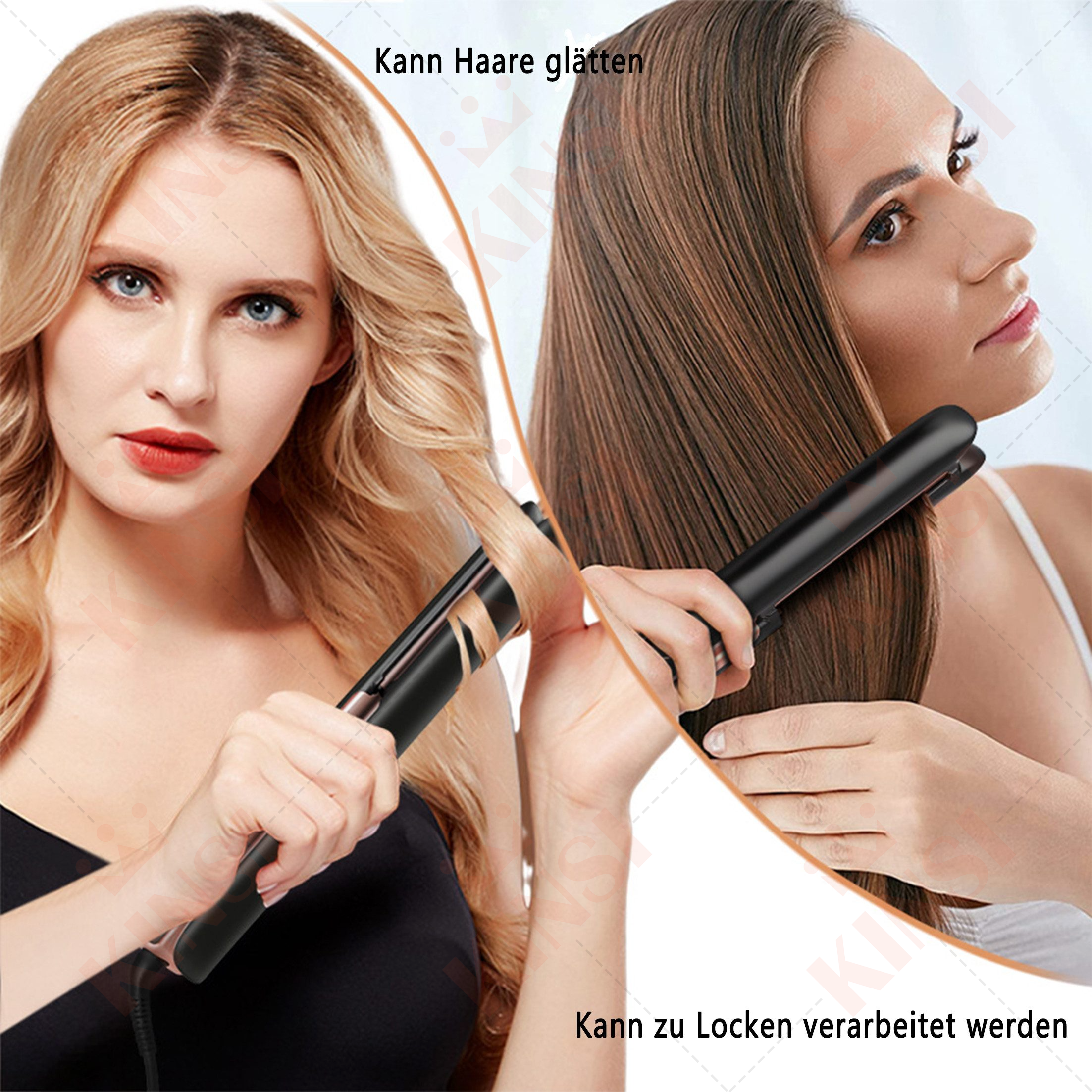 Zwei Frauen, eine glättet, eine lockt Haare mit schwarzen Geräten.