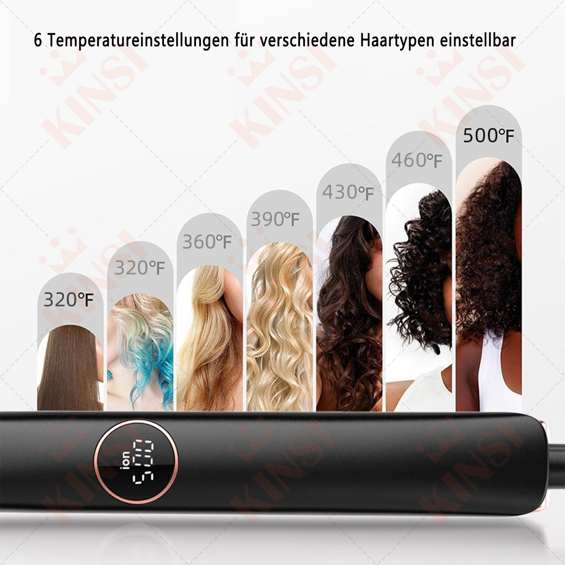 Haarglätter mit angezeigten Temperatureinstellungen und Beispielen für verschiedene Haartypen. Schwarz und Gold.