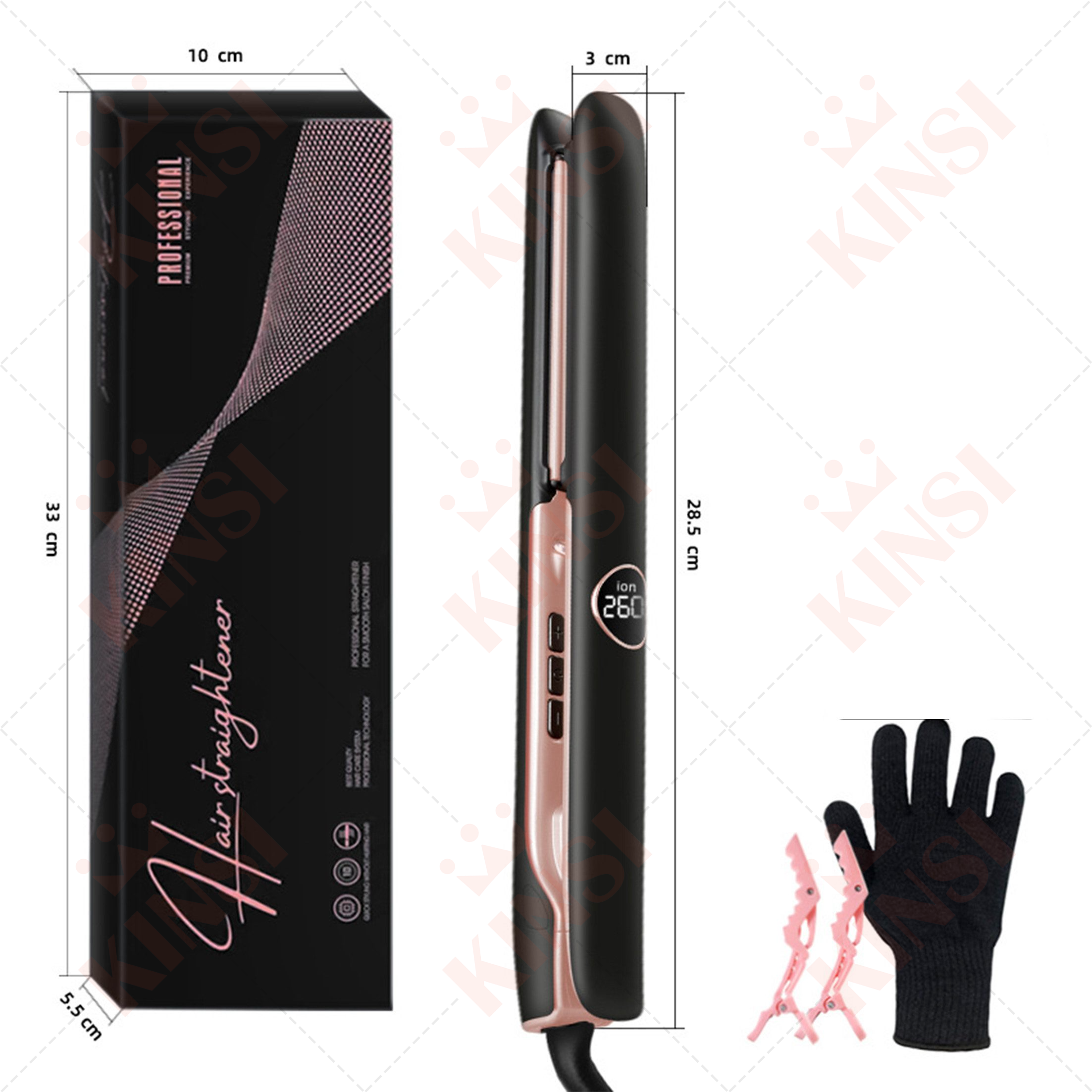 Haarglätter, Box, Haarspangen und Handschuh. Schwarz und Roségold. Die Box hat Abmessungen.
