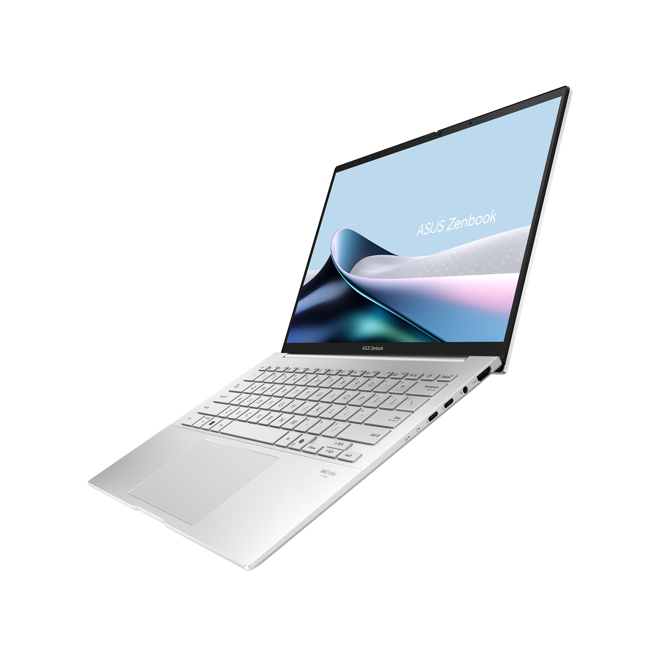 Silberner Laptop geöffnet, abgewinkelt auf weißer Oberfläche. ASUS Zenbook auf dem Bildschirm.