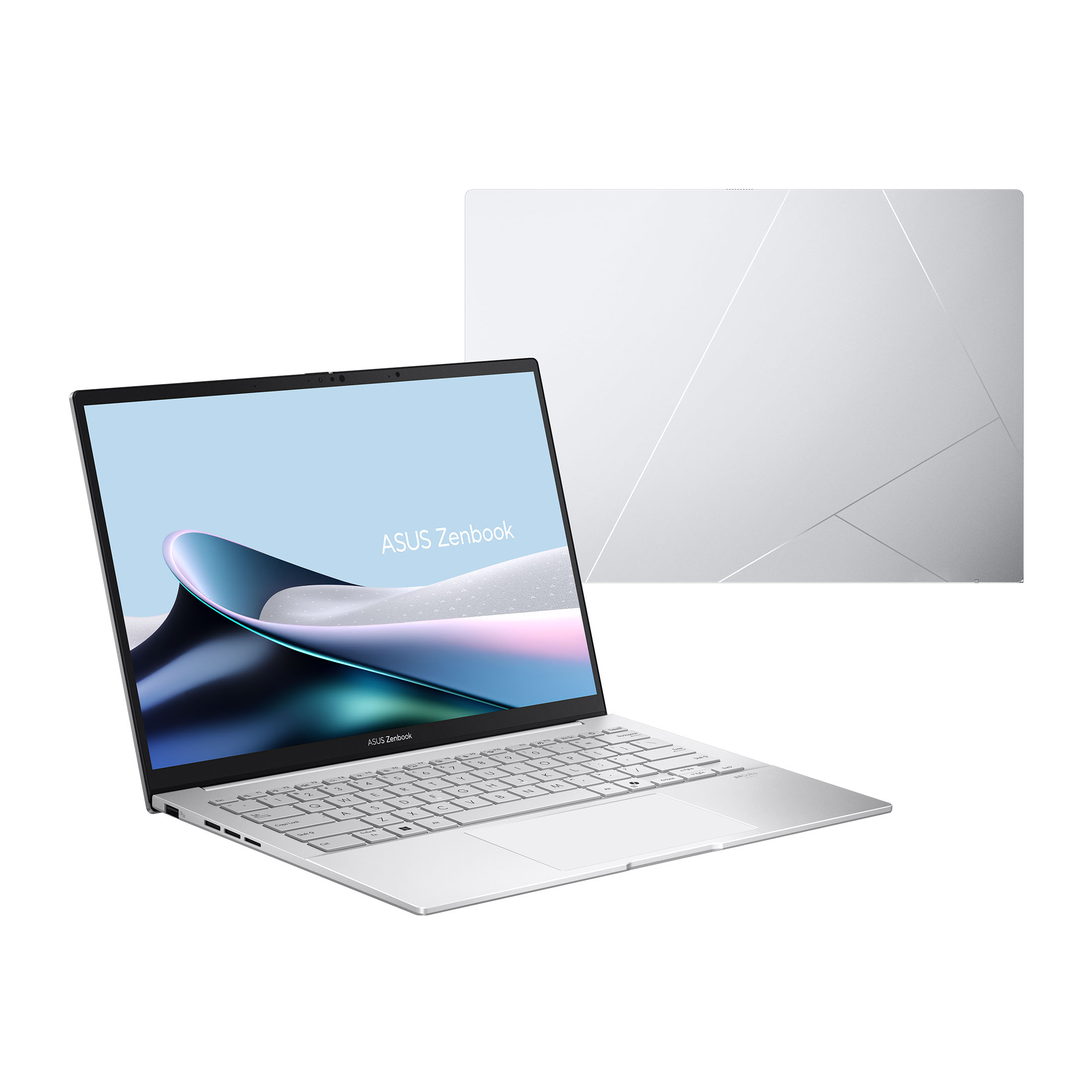 Silberner Laptop geöffnet mit weißem Hintergrund. Ein zweiter Laptopdeckel im Hintergrund.