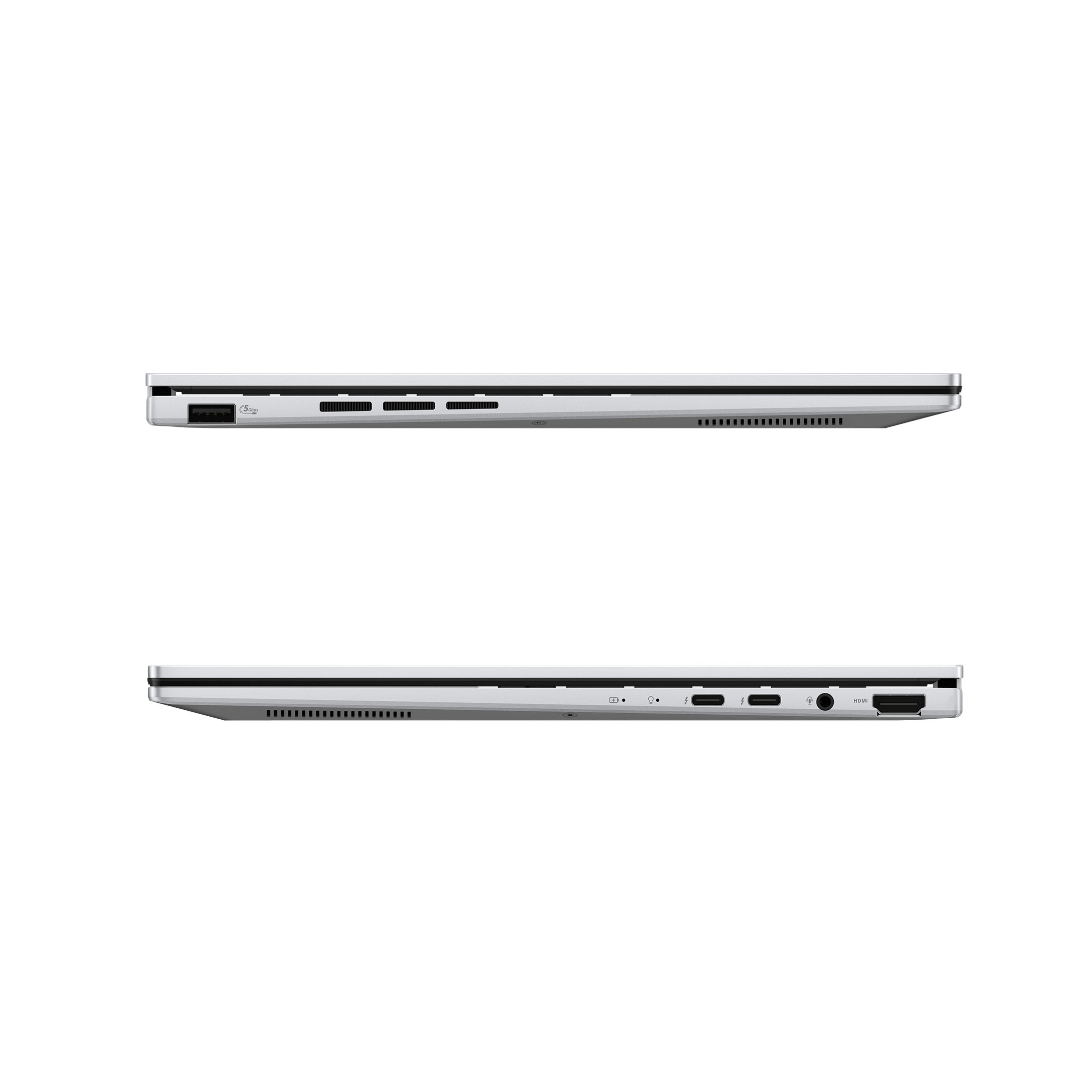 Zwei Laptops, Seitenansicht, silberfarben, mit Anschlüssen und Designdetails, auf weißem Hintergrund platziert.
