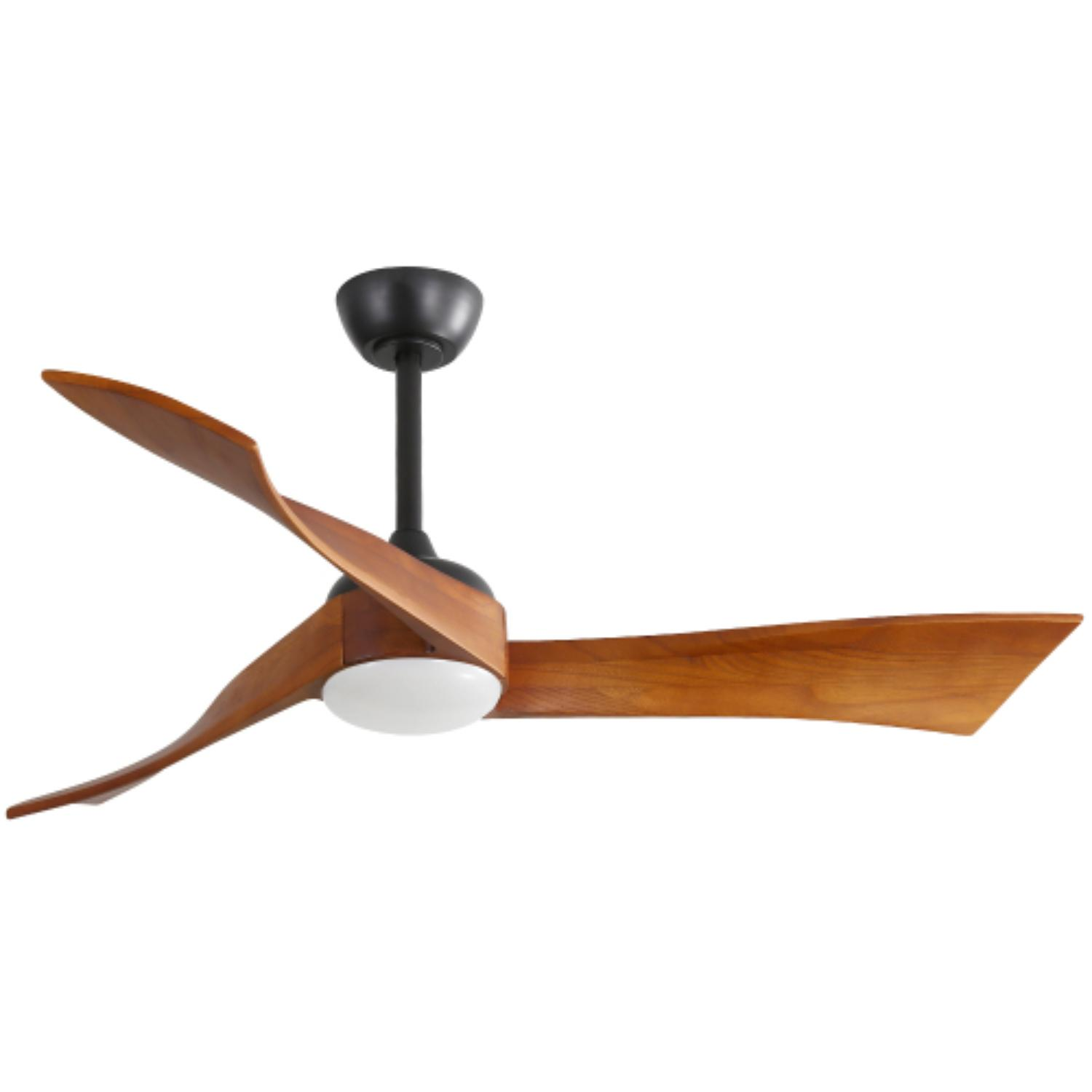 Deckenventilator mit drei Holzblättern und einer Leuchte.