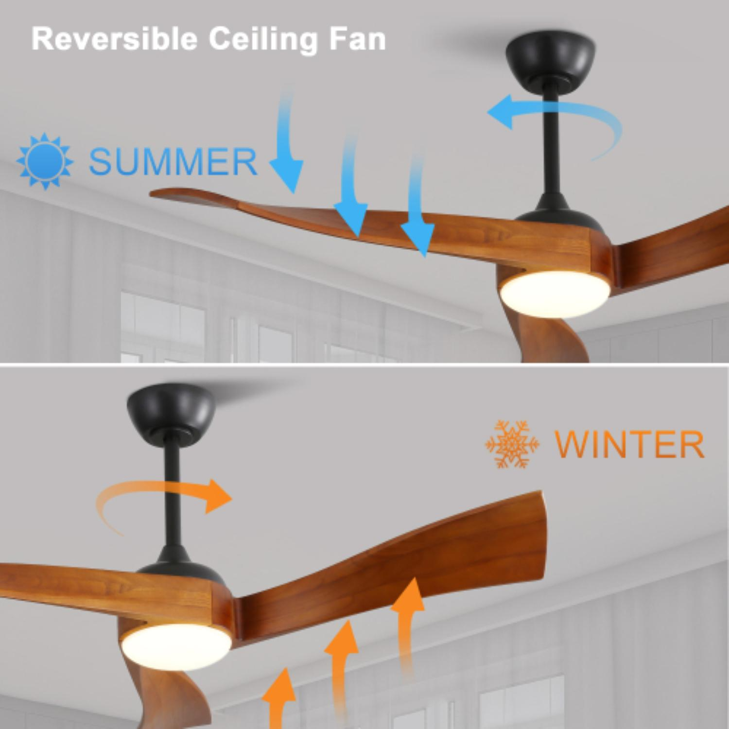 Umschaltbarer Deckenventilator, zeigt Sommer- und Winter-Luftrichtungen.