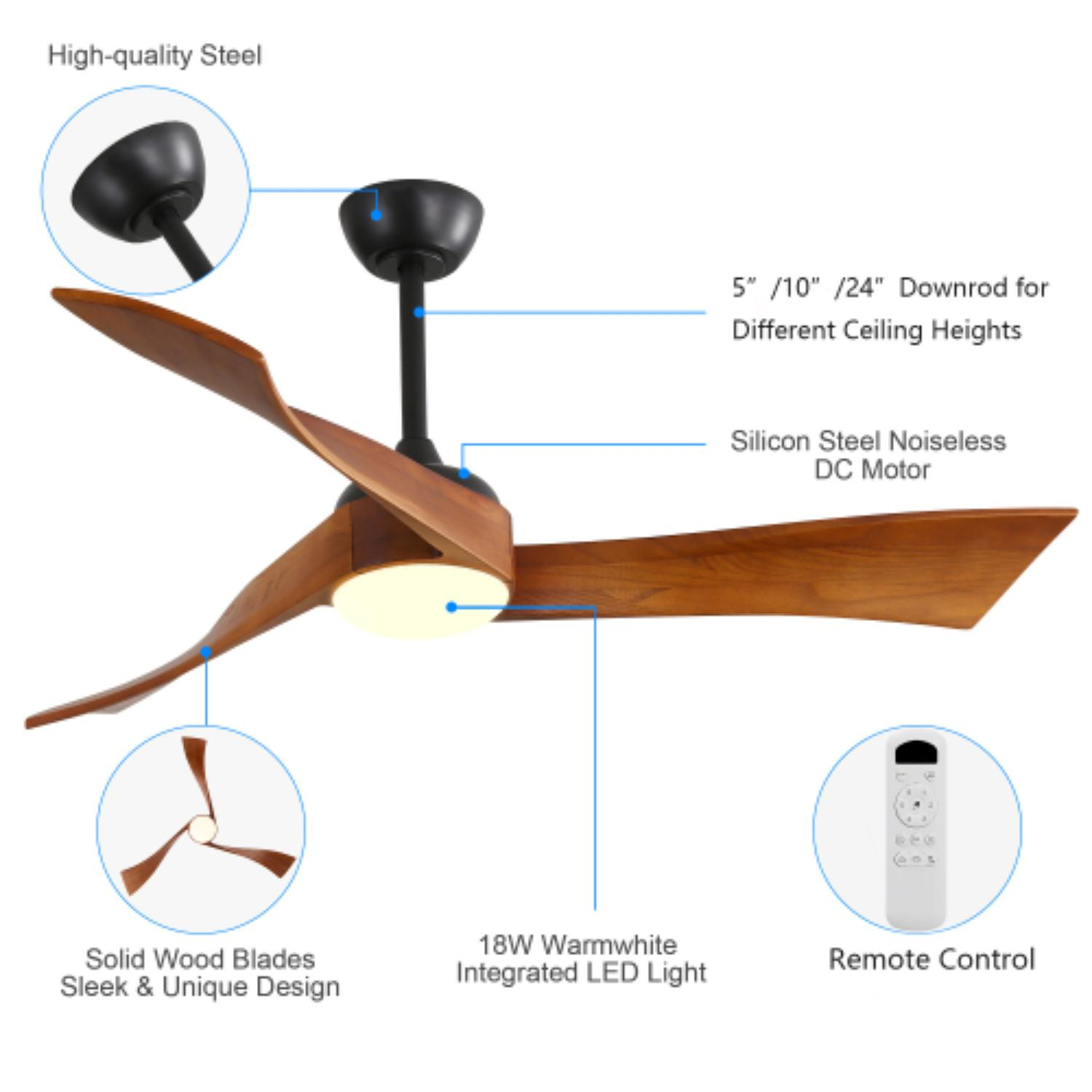 Moderner Deckenventilator mit Holzflügeln, schwarzem Motor und integrierter LED-Leuchte, mit Fernbedienung.