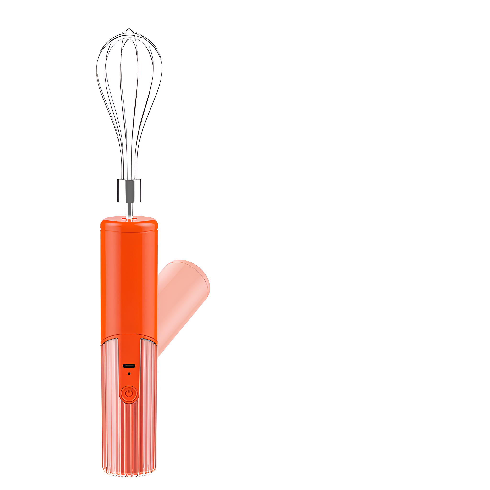 Orange-weißer Handmixer, abgewinkelt mit Schneebesen-Aufsatz.
