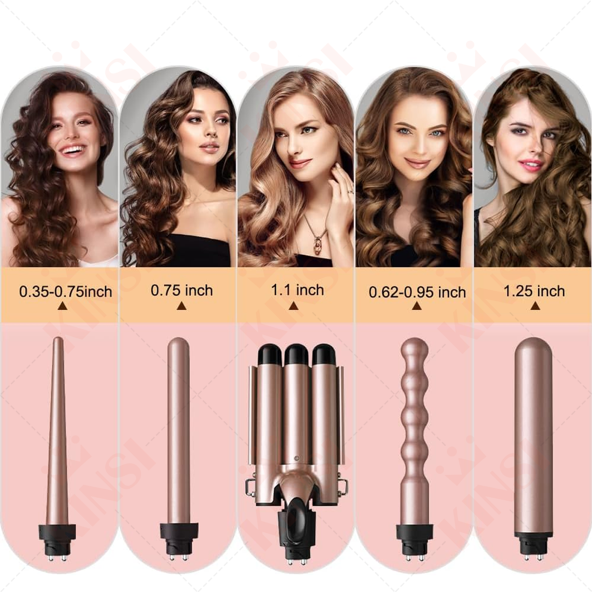 Fünf Frauen mit verschiedenen Frisuren sind mit fünf verschiedenen Lockenstabaufsätzen abgebildet.