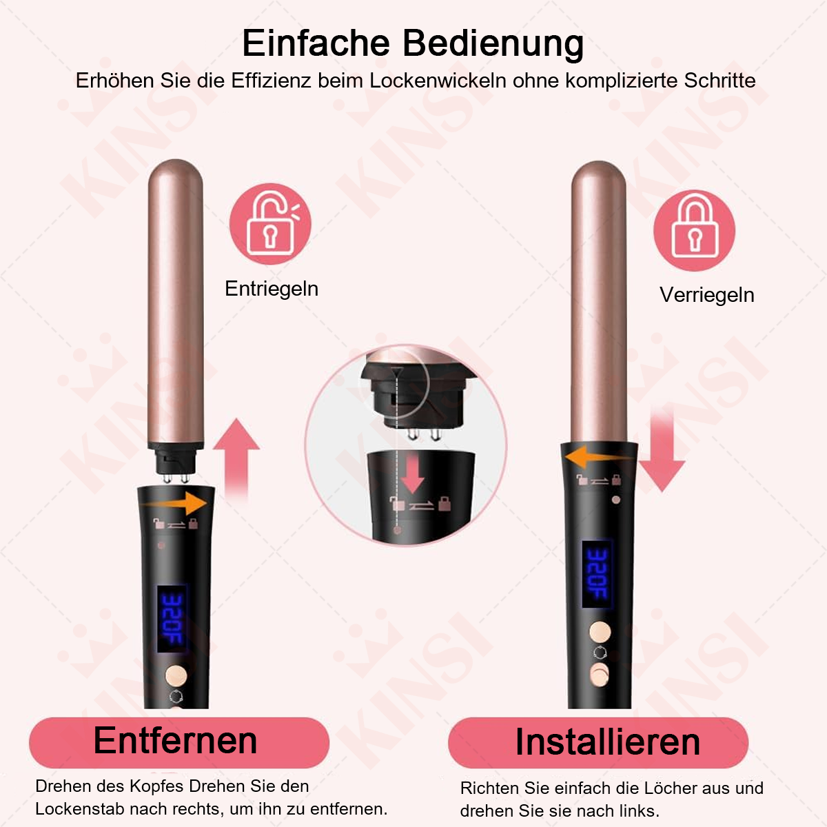 Diagramm, das den Ver- und Entriegelungsprozess eines Lockenstabs zeigt, mit Elementen in Roségold und Schwarz.