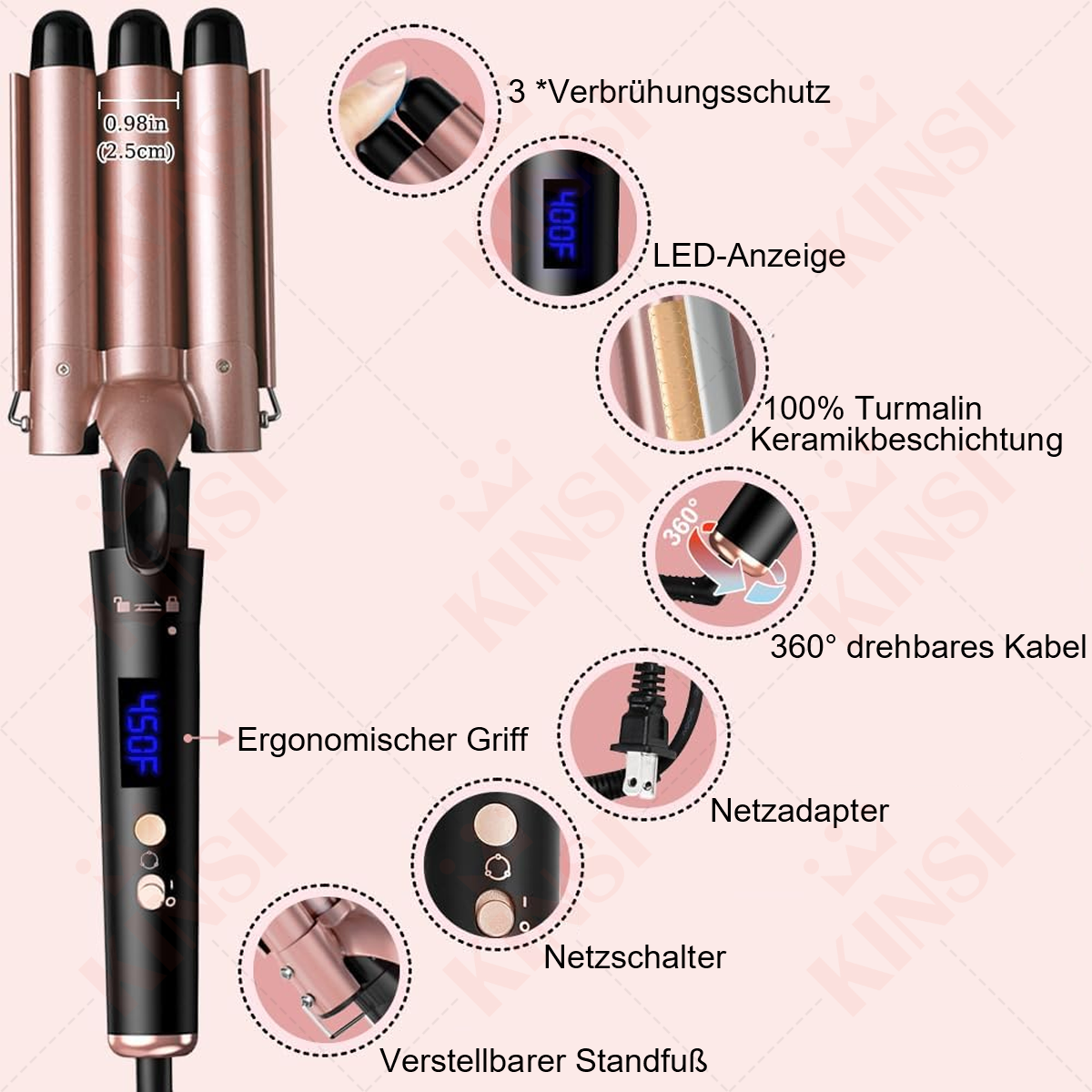 Nahaufnahme eines Haarlockenwicklers. Details umfassen LED-Anzeige, 360°-Kabel und verstellbaren Ständer.