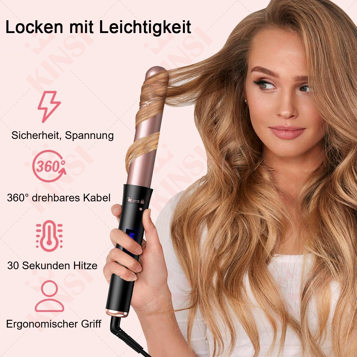 Eine Frau benutzt einen Lockenstab für ihr Haar, mit Symbolen für 360°-Kabel, Sicherheit und schnelles Aufheizen.