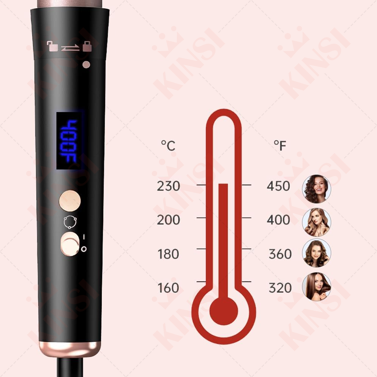 Haar-Lockenstab mit Temperaturanzeige, Temperaturskala und Bildern von gestyltem Haar.