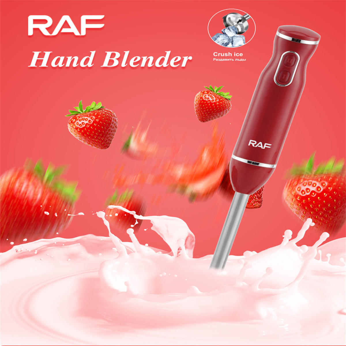 Roter RAF-Handmixer, Erdbeeren und Milchspritzer, zum Eiszerkleinern.