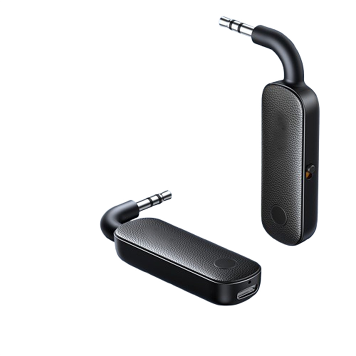 Schwarze Audiosender, 3,5-mm-Klinke, zwei davon, vor schlichtem weißen Hintergrund.
