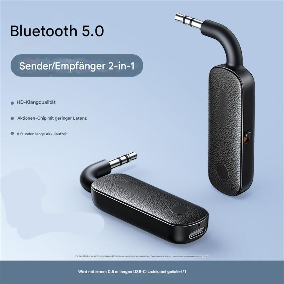 Schwarzer Bluetooth 5.0 Sender/Empfänger mit 3,5-mm-Klinke. Merkmale: HD-Klangqualität, geringe Latenz.