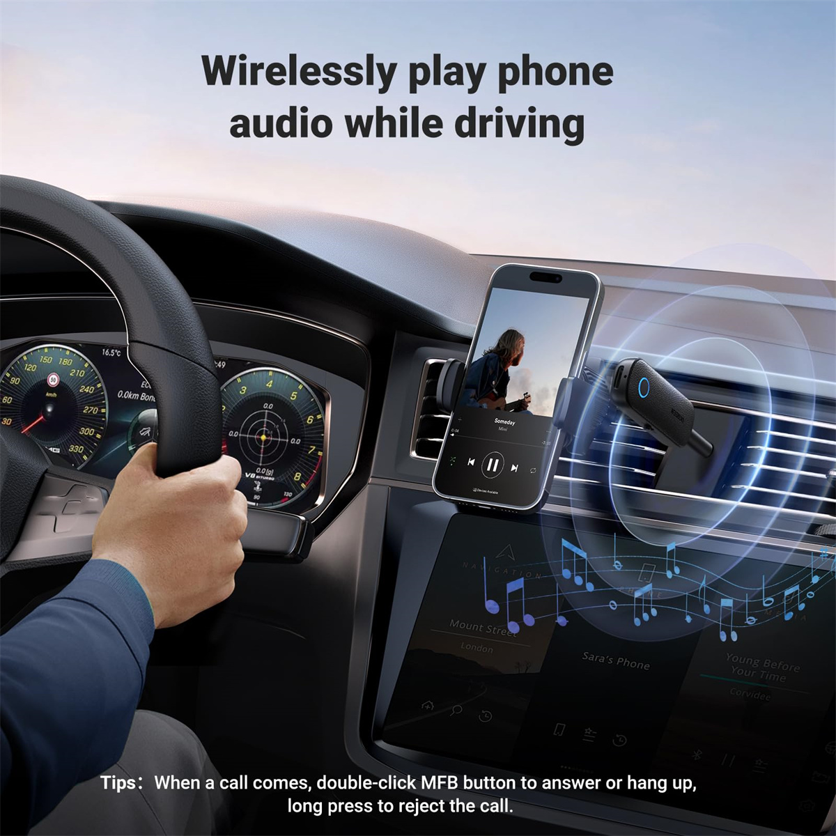 Telefon im Armaturenbrett des Autos mit Musikwiedergabe, Armaturen.