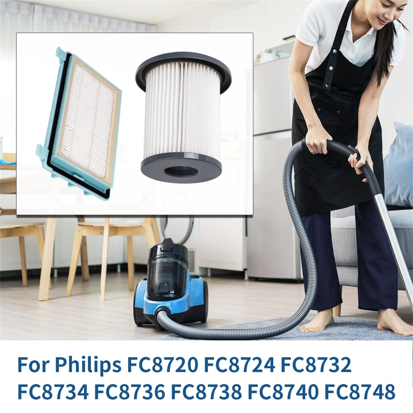 Staubsaugerteile und eine putzende Frau. Enthält: Filter und Staubsauger. Text: Philips FC8720.