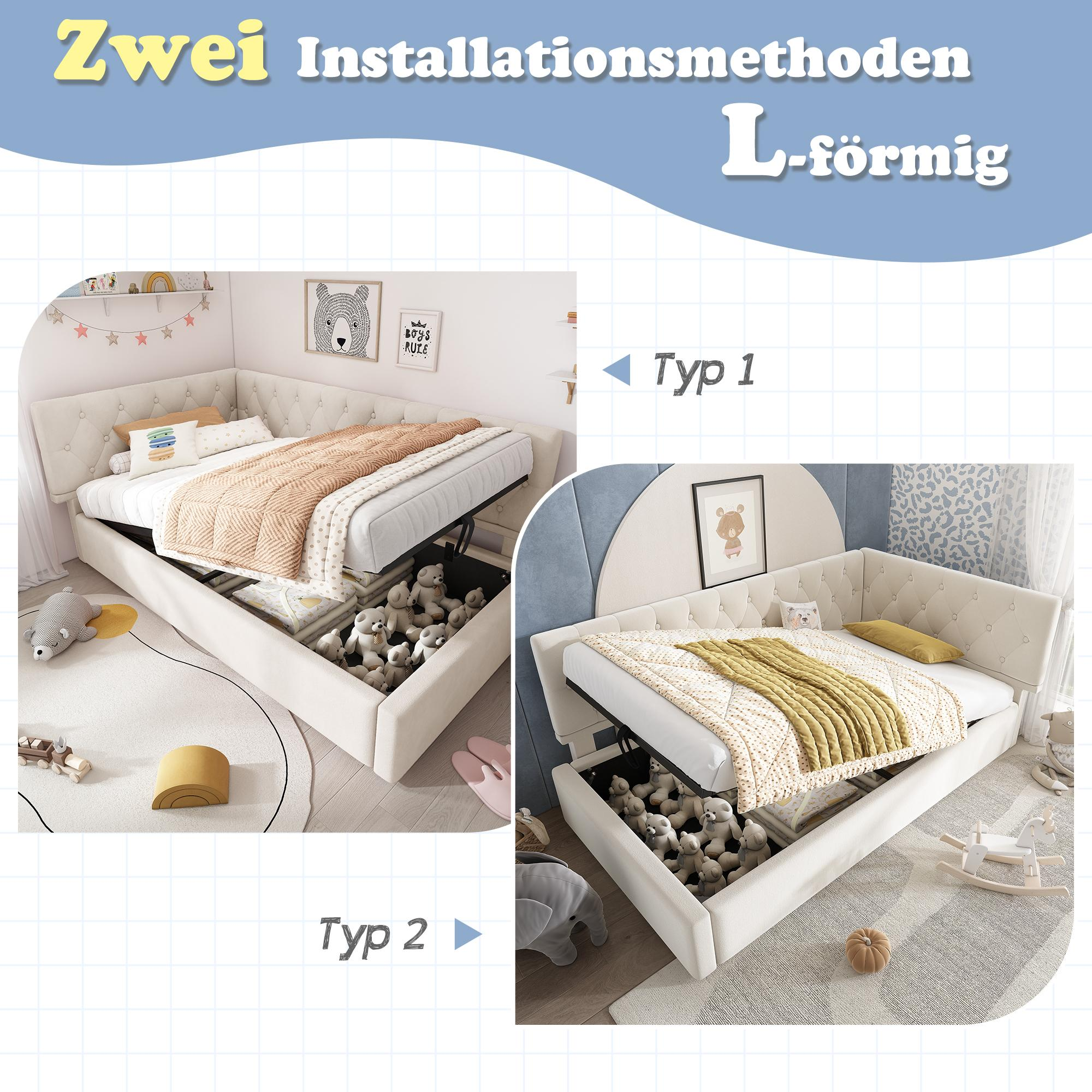 Zwei Betten mit Stauraum, eines L-förmig. Beige, Plüschstoff. Plüschtiere sind in den Staufächern sichtbar.