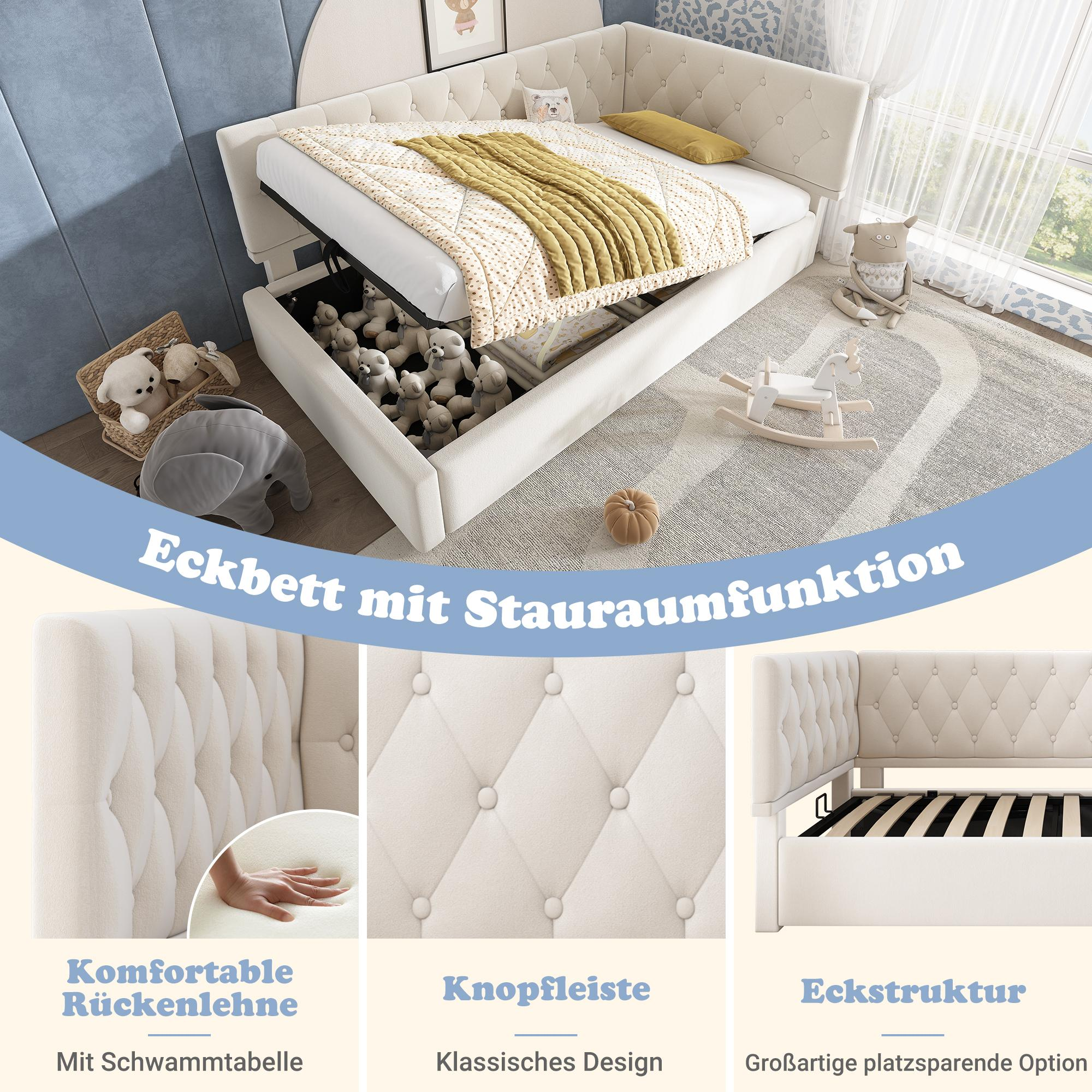 Beiges Bett mit Stauraum. Merkmale: bequeme Rückenlehne, Knopfdetail und Eckstruktur. Plüschtiere sichtbar.