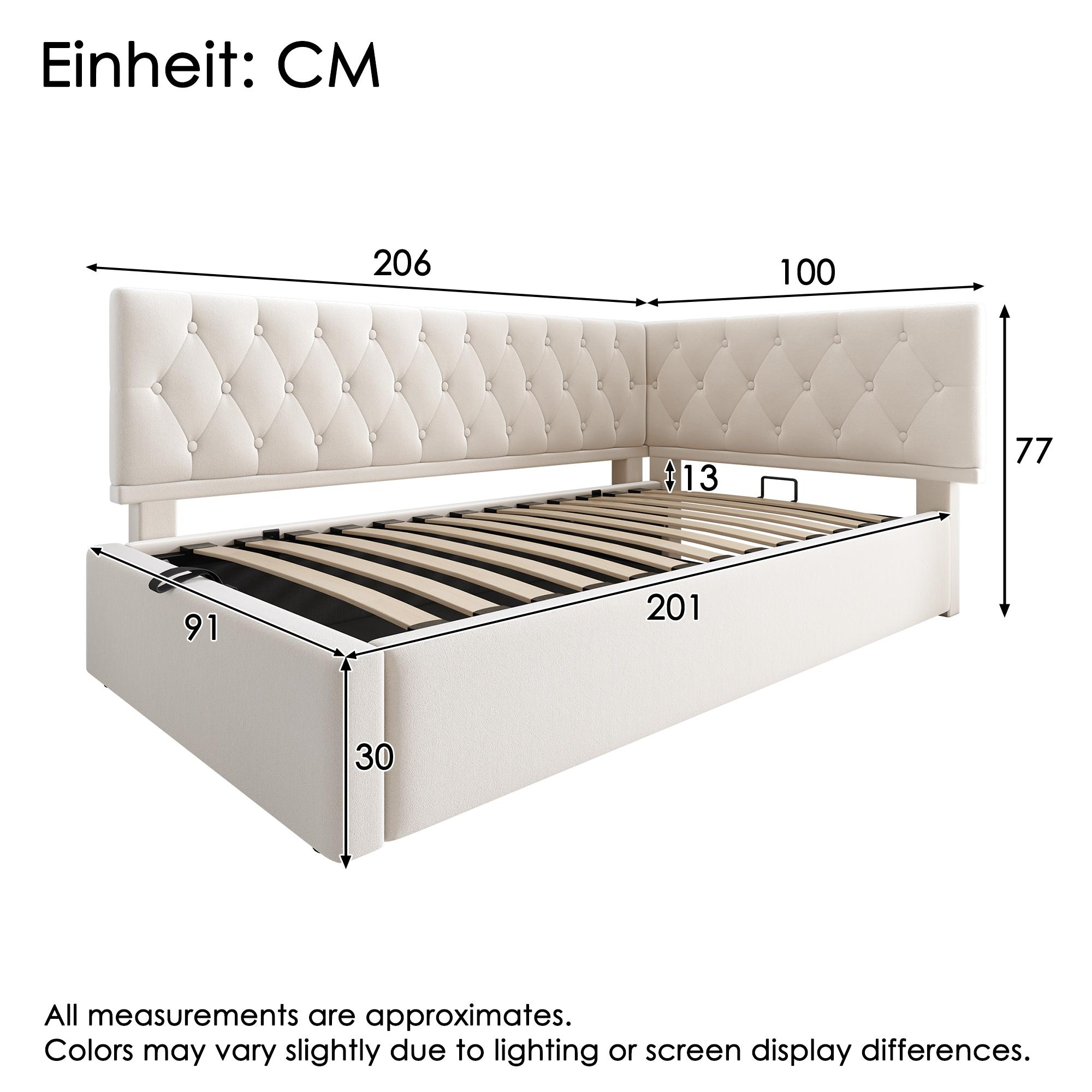 Beiges Bett mit Abmessungen. Text mit Maßen. Ein Diagramm zeigt Maße des Bettes in Zentimetern.